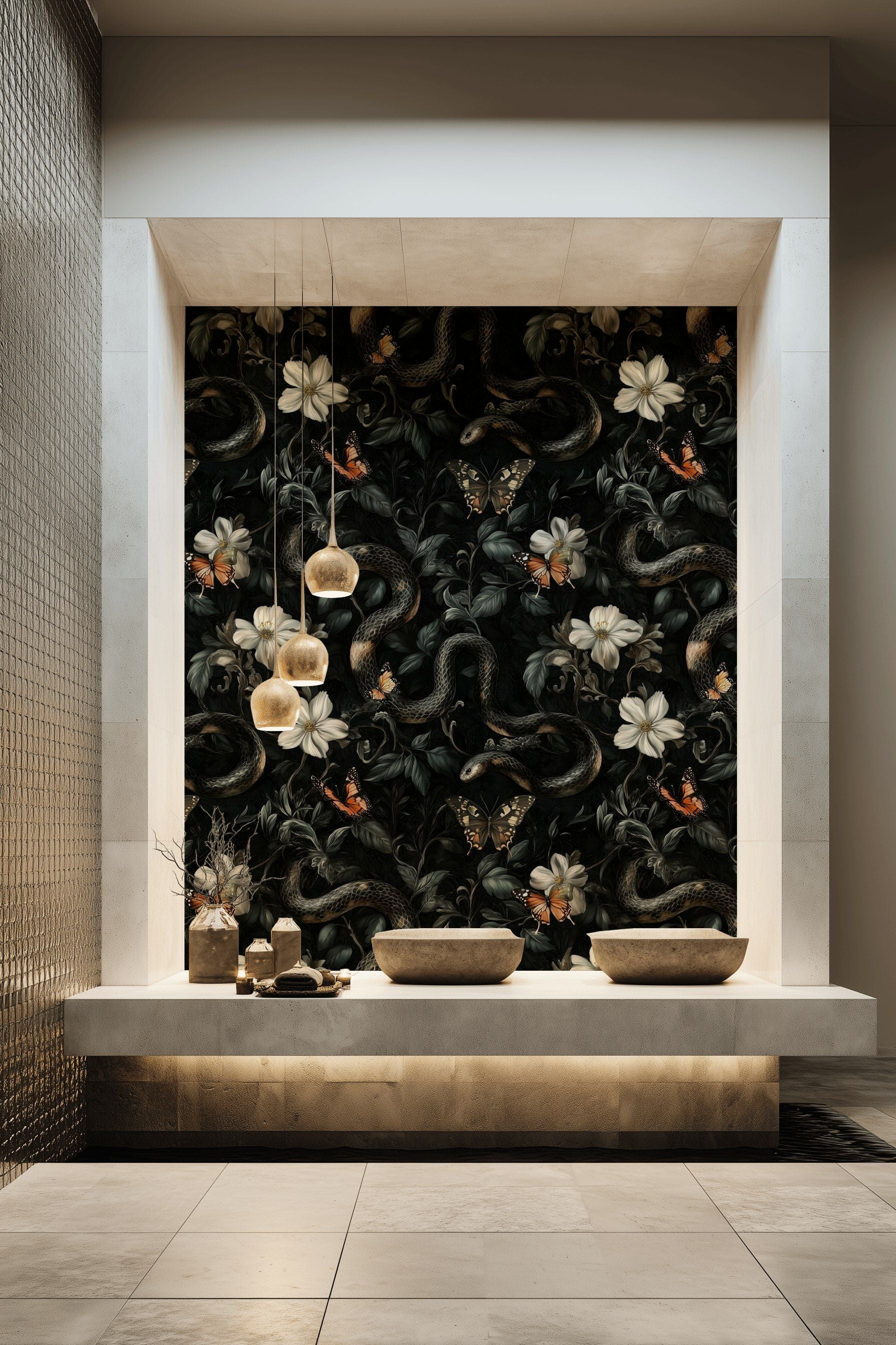 Moody Black Floral and Butterfly Wallpaper