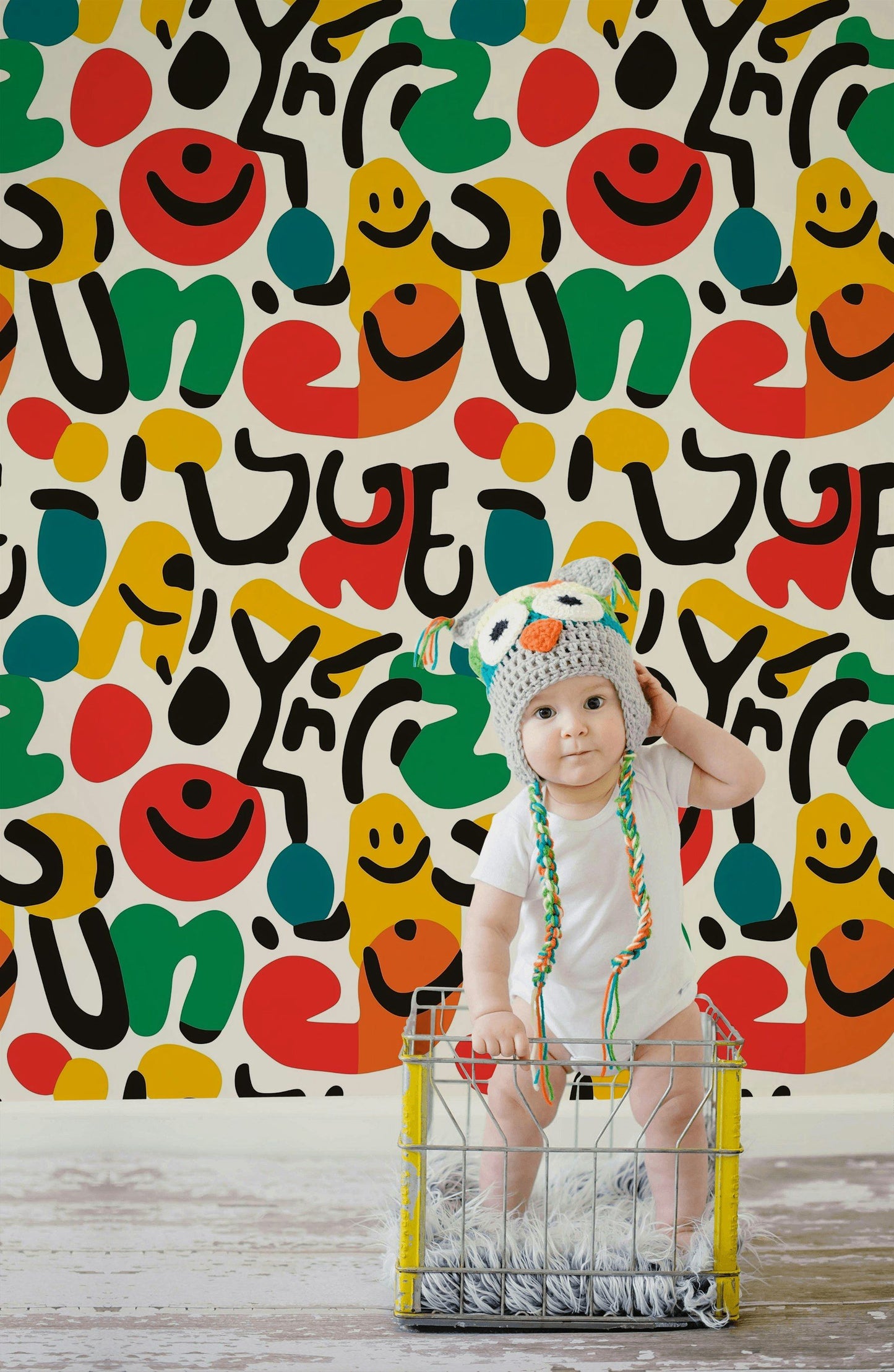 Funky Abstract Wallpaper Colorful Shapes Smileys Decor