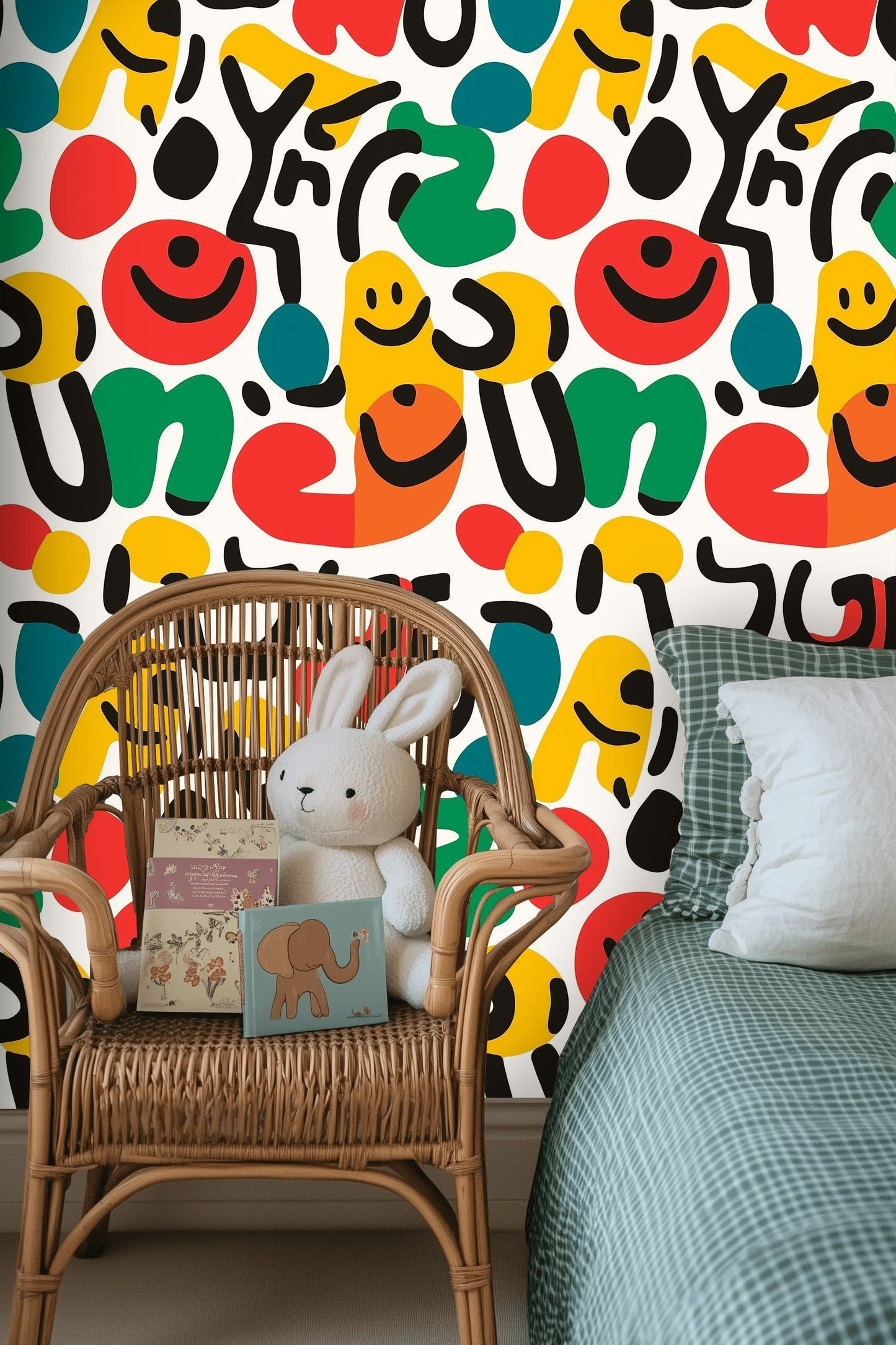 Funky Abstract Wallpaper Colorful Shapes Smileys Decor