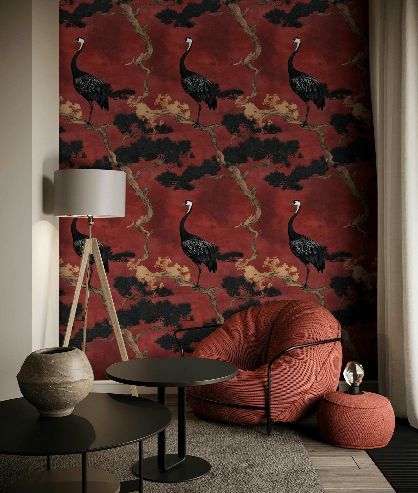 Japanese Crane Wallpaper Red Chinoiserie Wall Mural