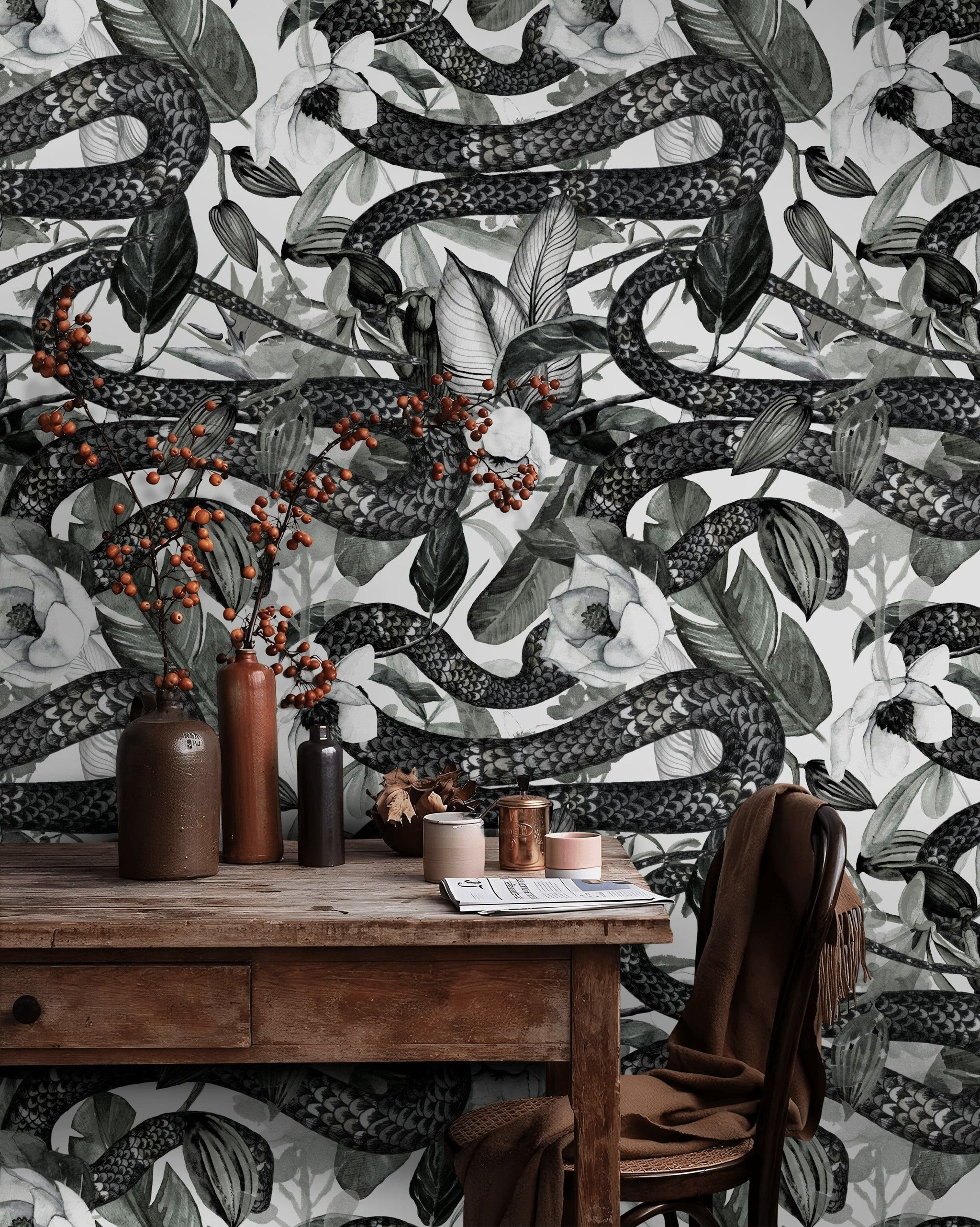 Monochrome Snake and Foliage Wallpaper