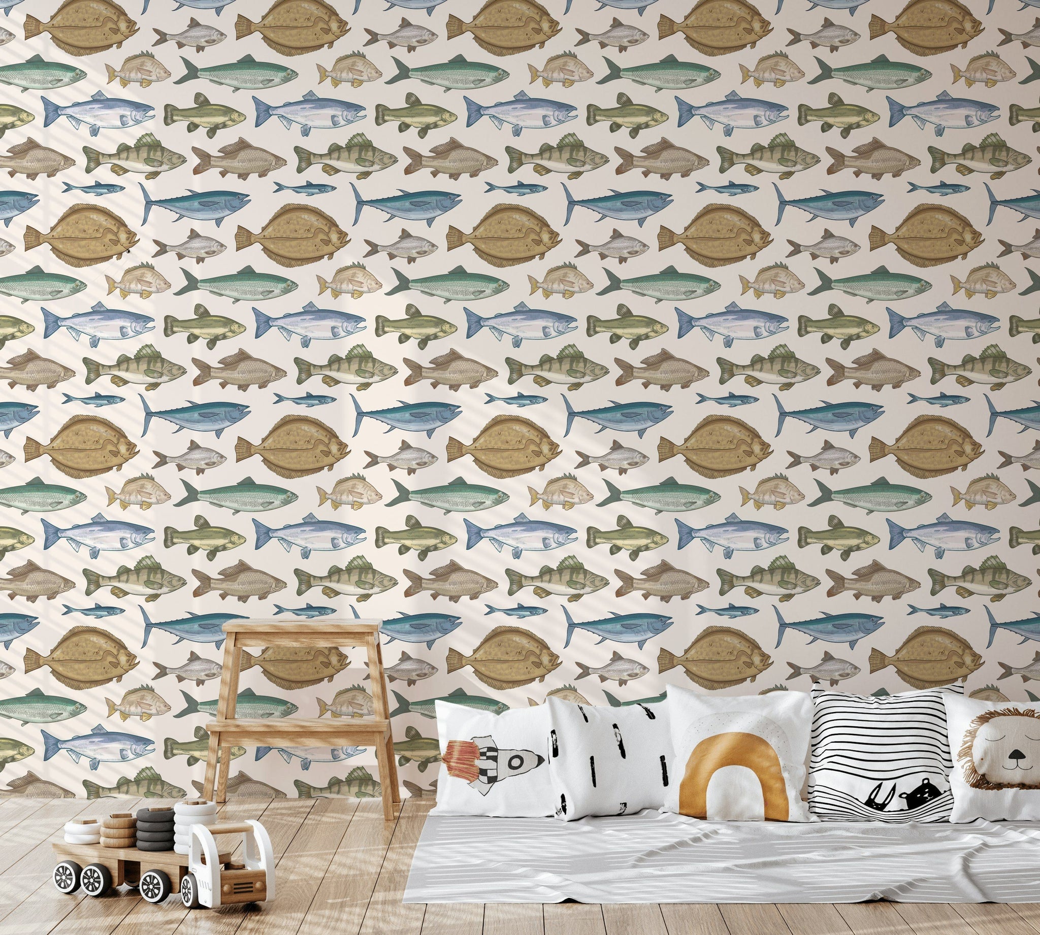 Cream Multicolor Fish Pattern Wallpaper