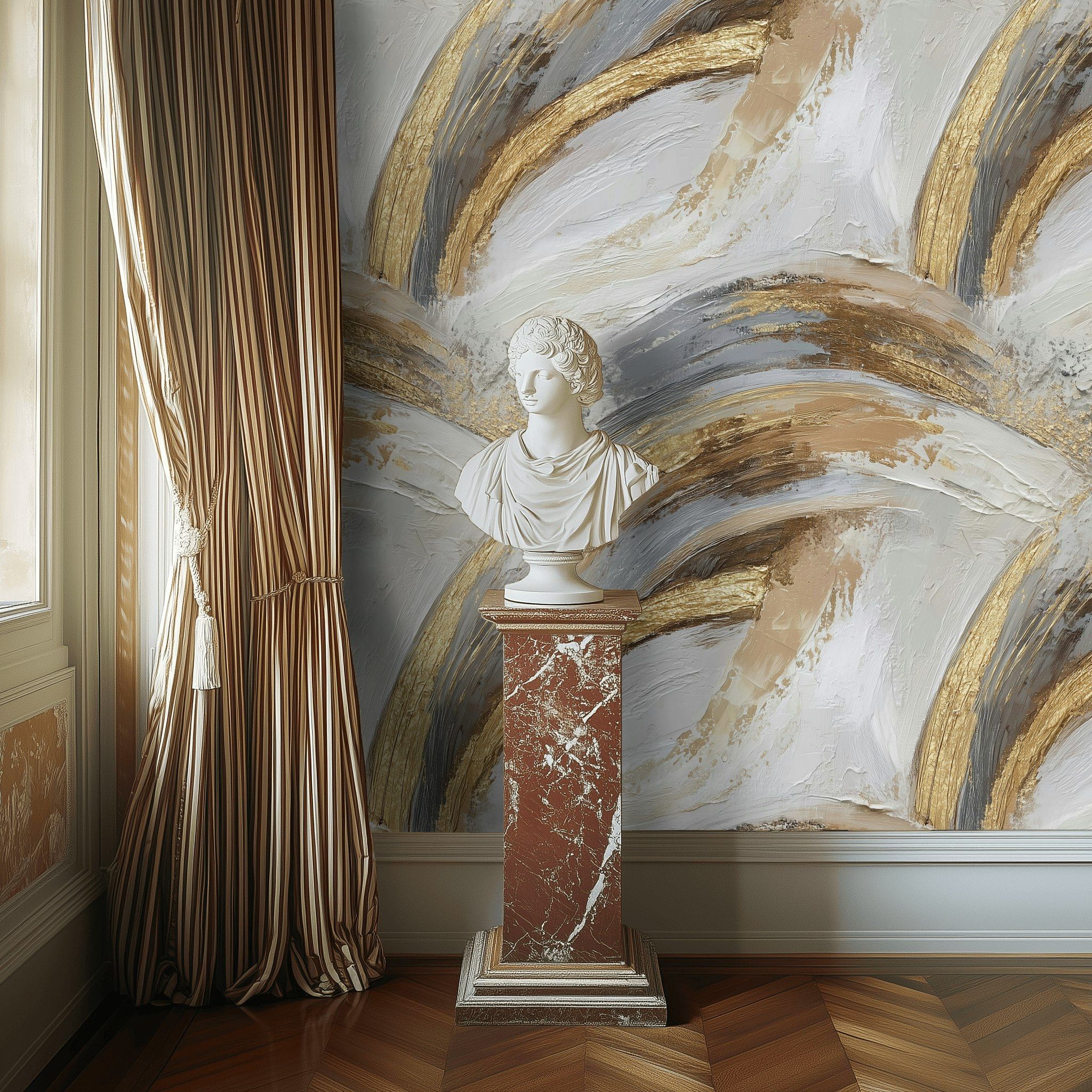 Gray and Gold Look Abstract Brushstroke Wallpaper