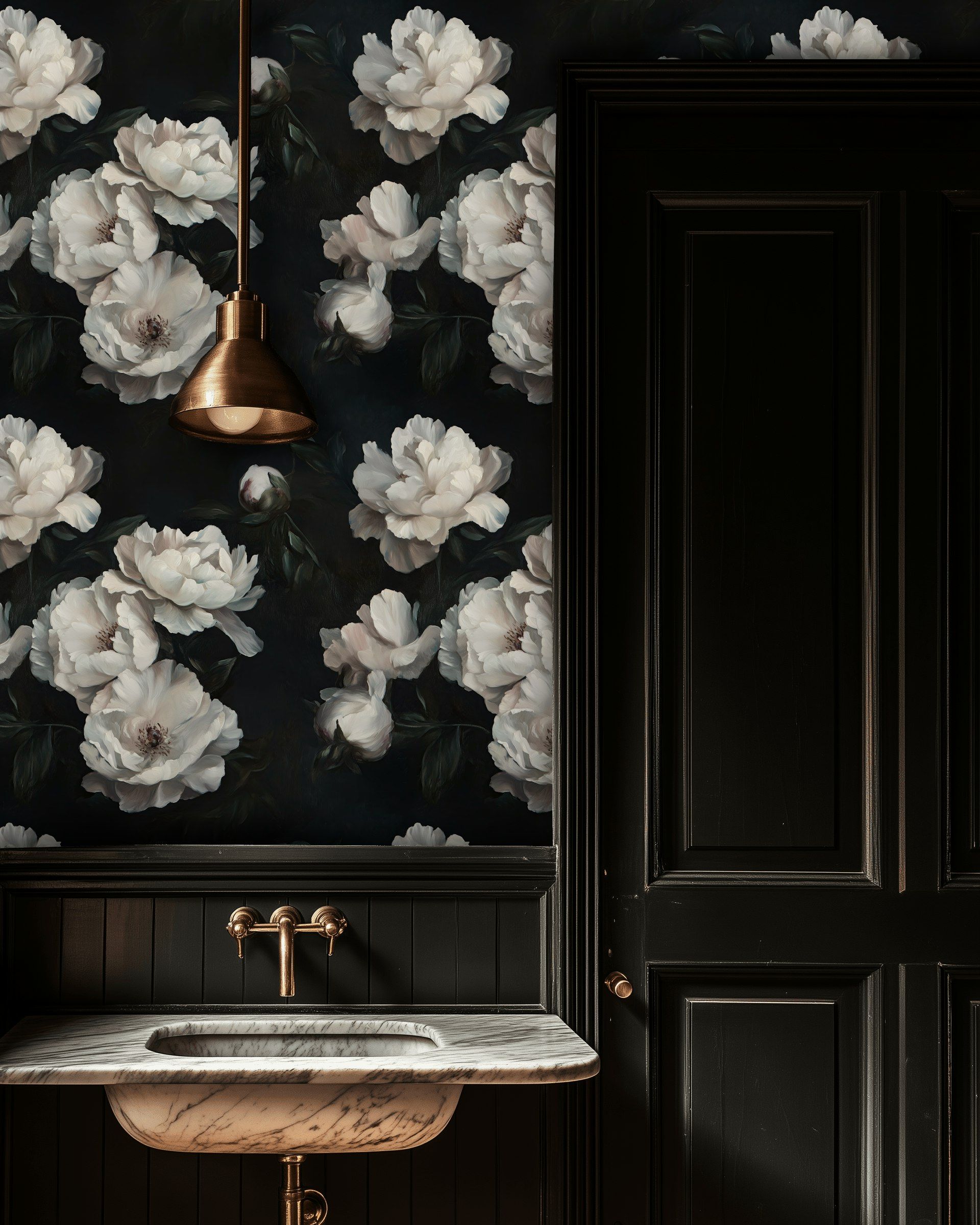 Ivory Peony Elegance on Deep Charcoal Wallpaper