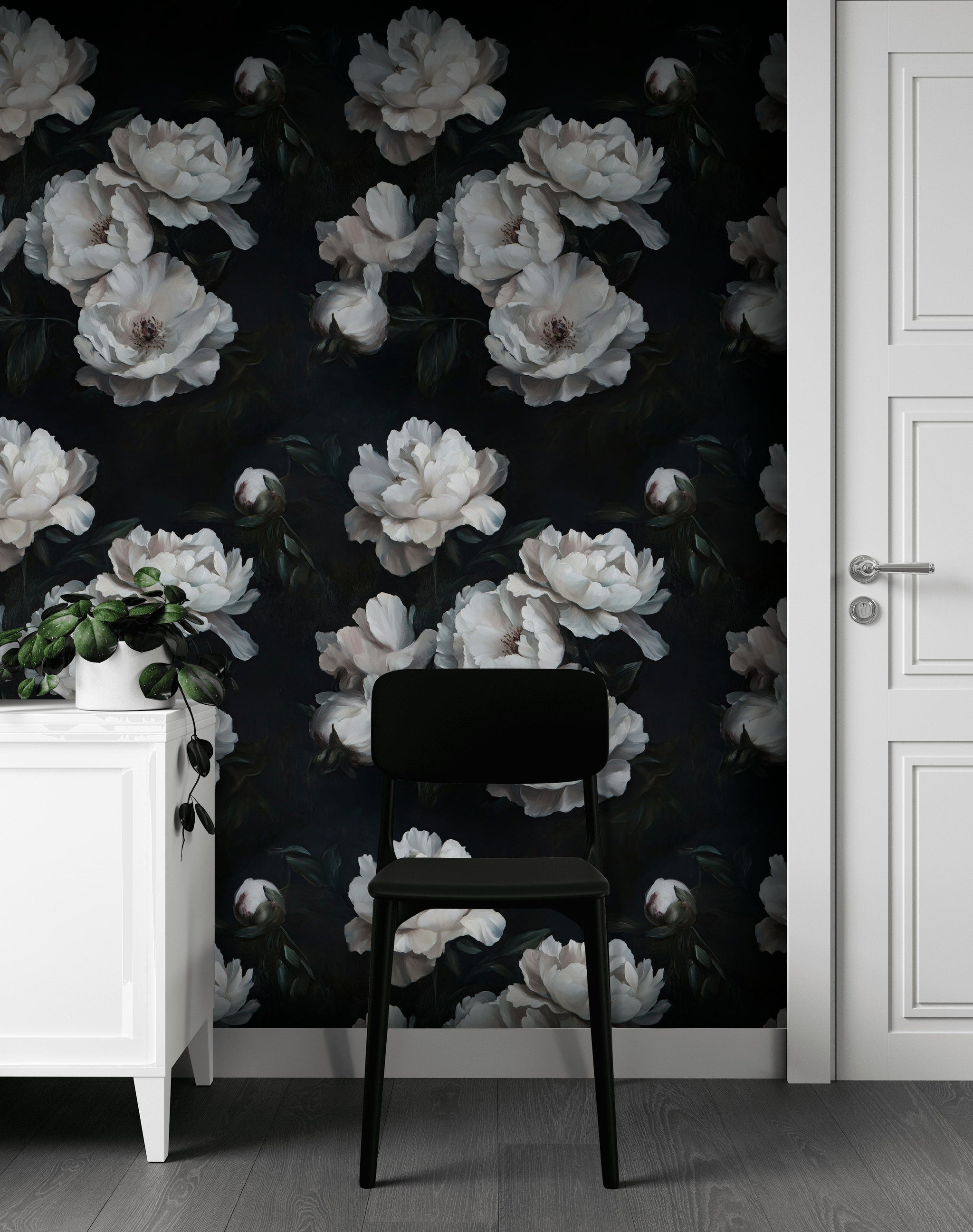Ivory Peony Elegance on Deep Charcoal Wallpaper