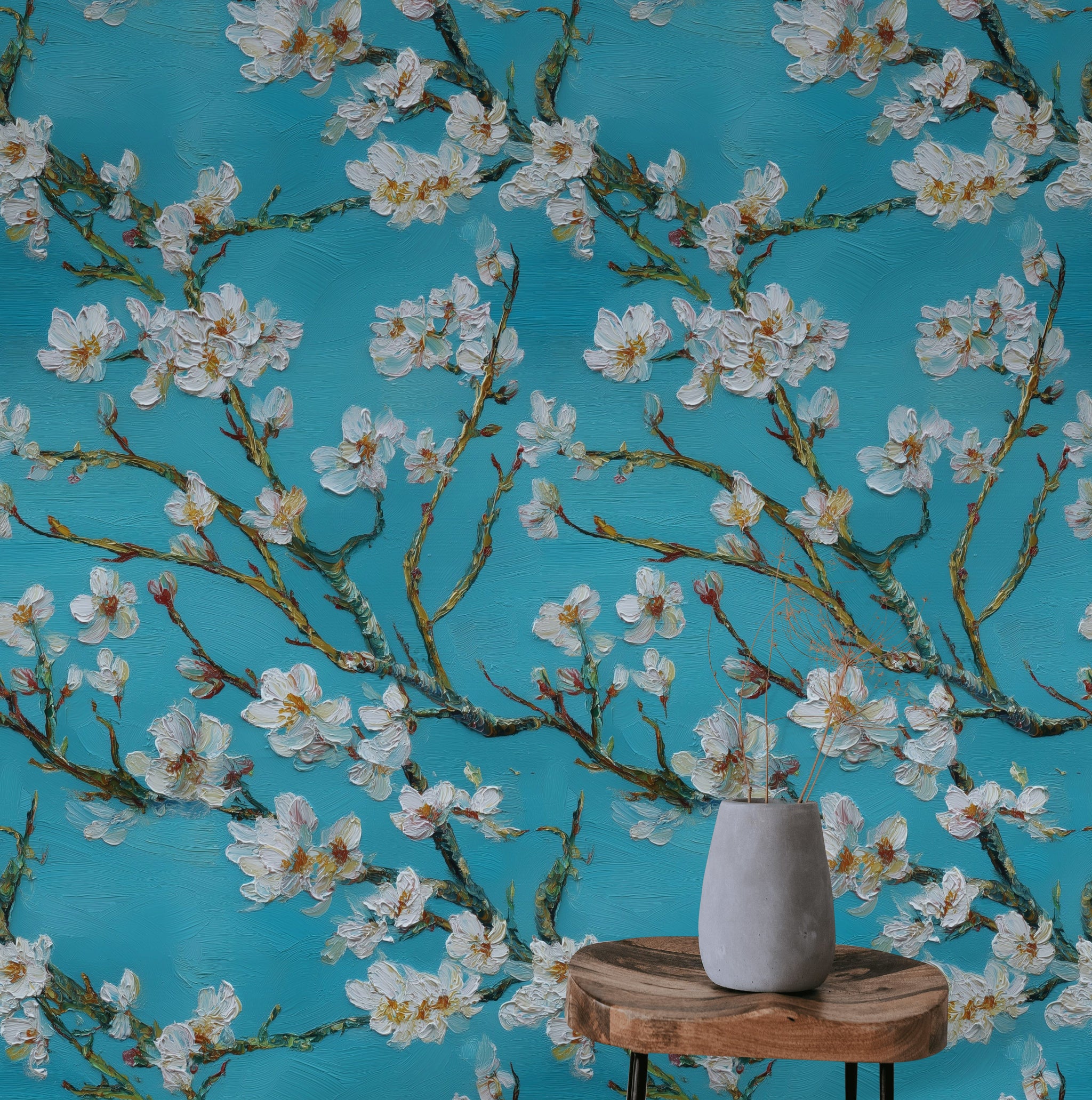 Teal and White Cherry Blossom Floral Wallpaper