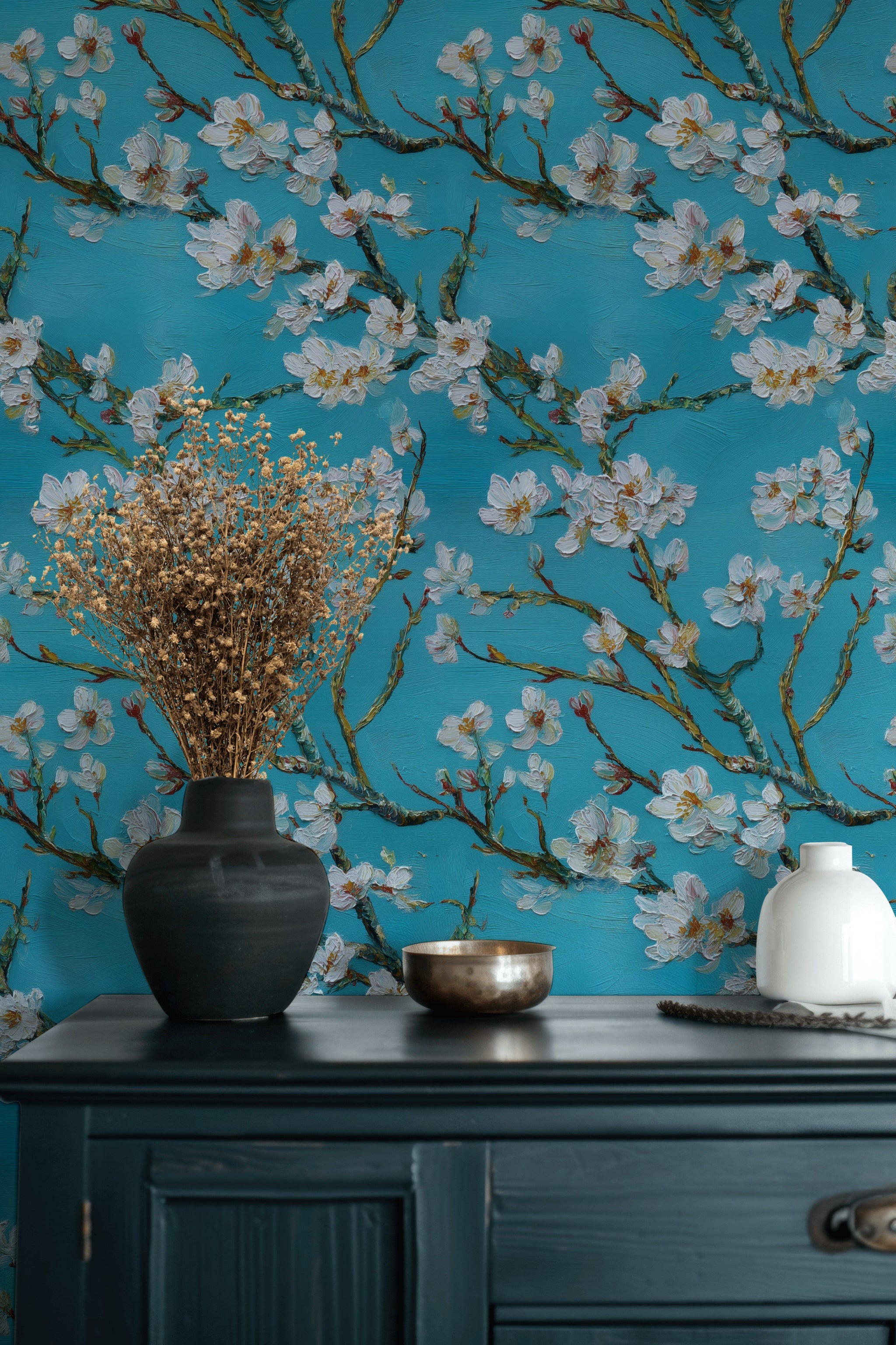 Teal and White Cherry Blossom Floral Wallpaper