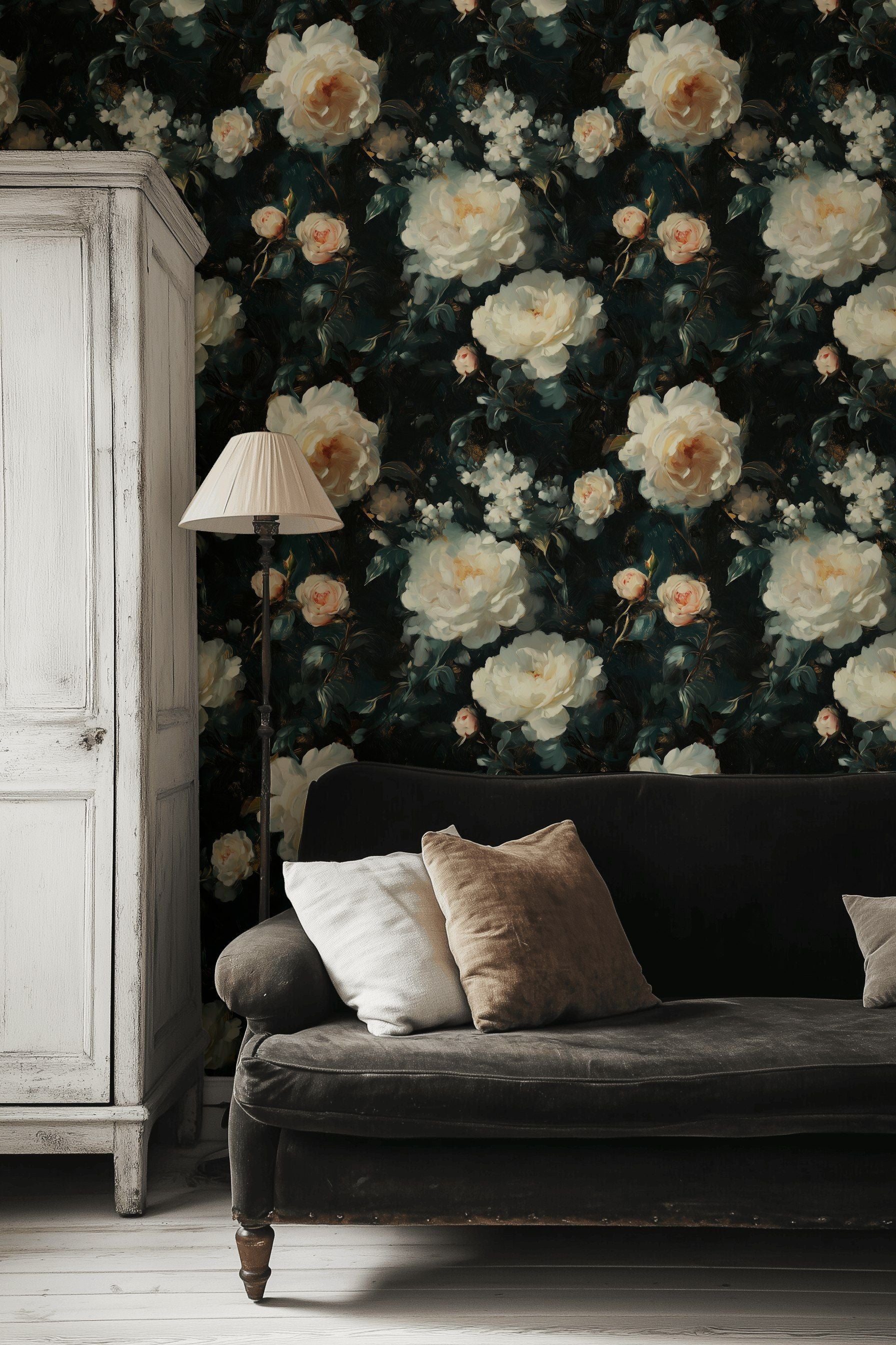 Ivory Rose Blooms on Deep Charcoal Floral Wallpaper