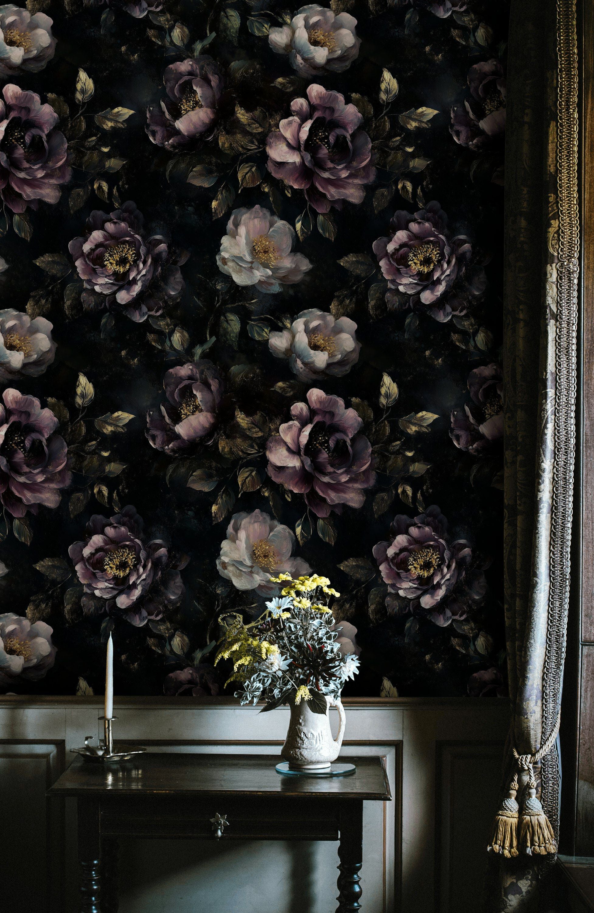 Deep Plum and Black Large Floral Wallpaper
