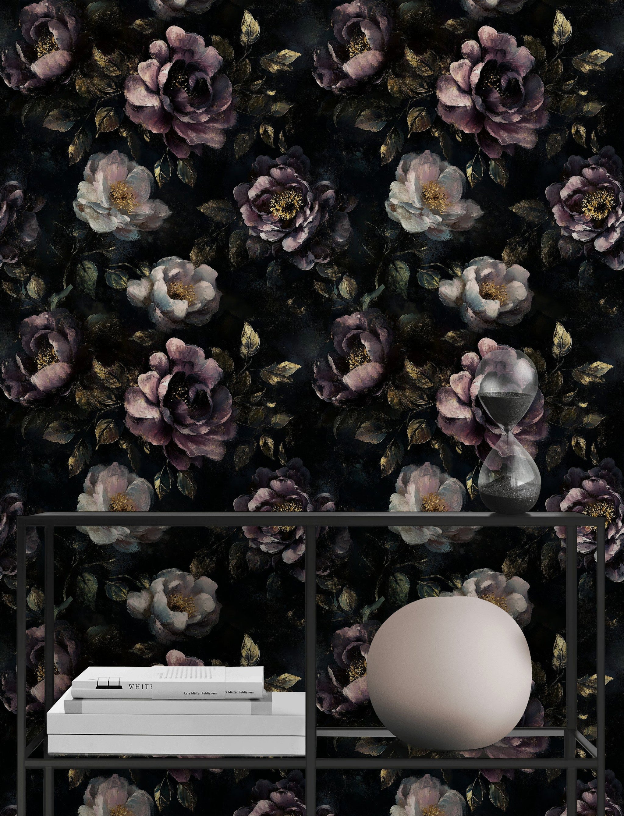 Deep Plum and Black Large Floral Wallpaper