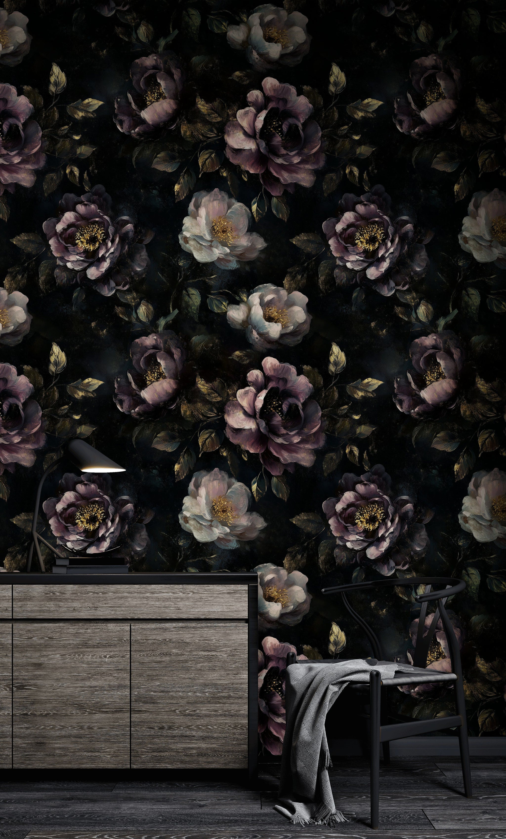 Deep Plum and Black Large Floral Wallpaper