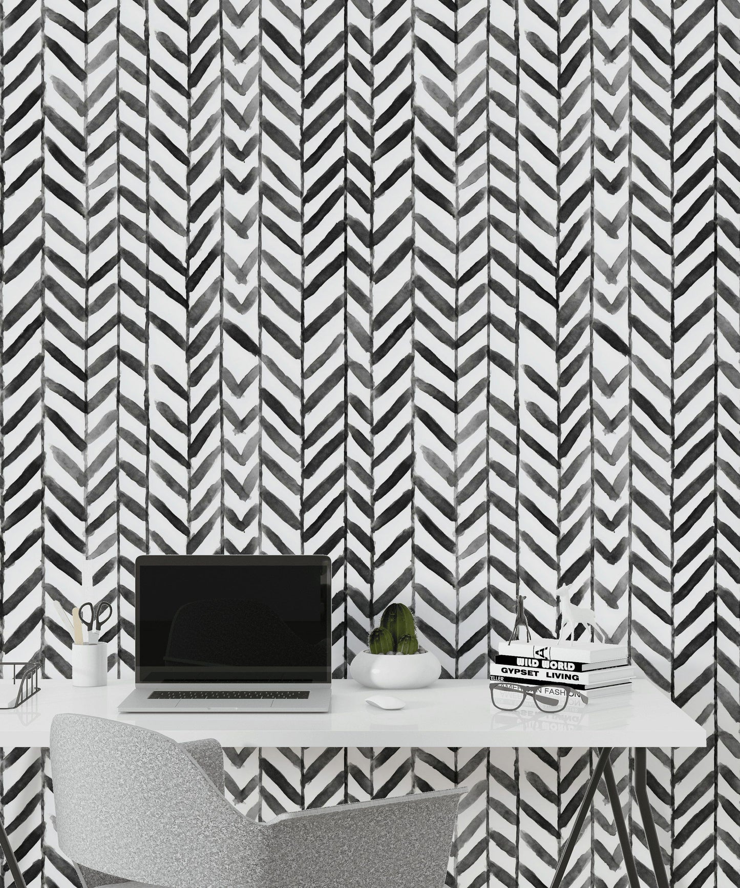 Boho Chevron Wallpaper Hand-Painted Black White Wall Mural