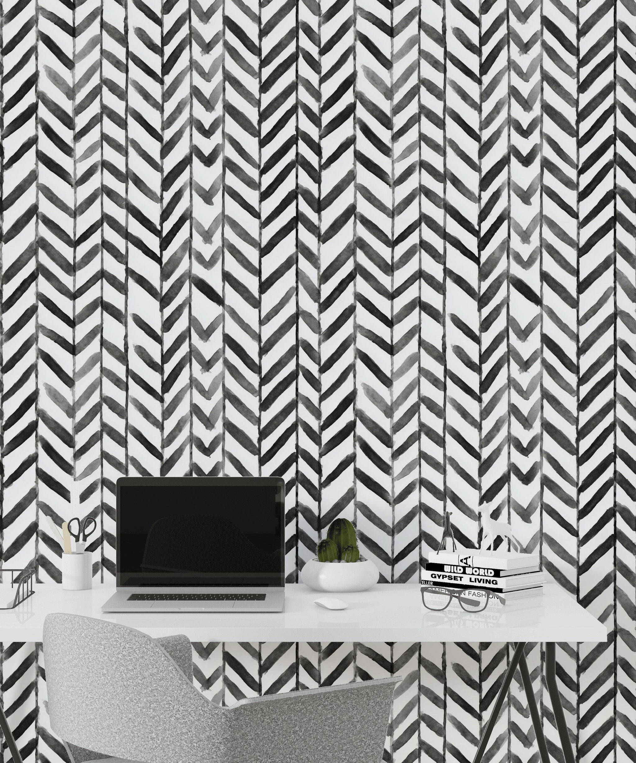 Monochrome Herringbone Geometric Wallpaper