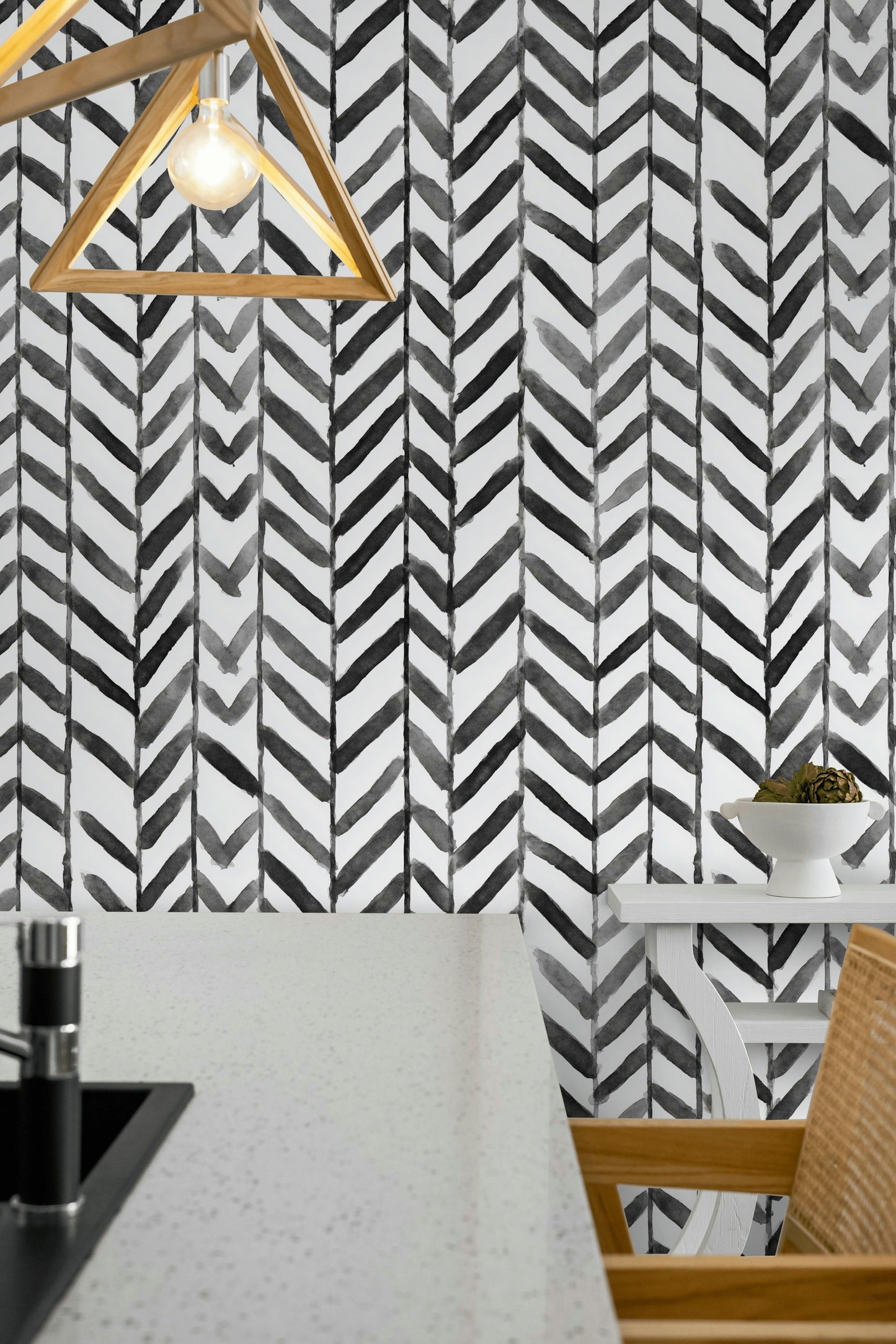 Boho Chevron Wallpaper Hand-Painted Black White Wall Mural