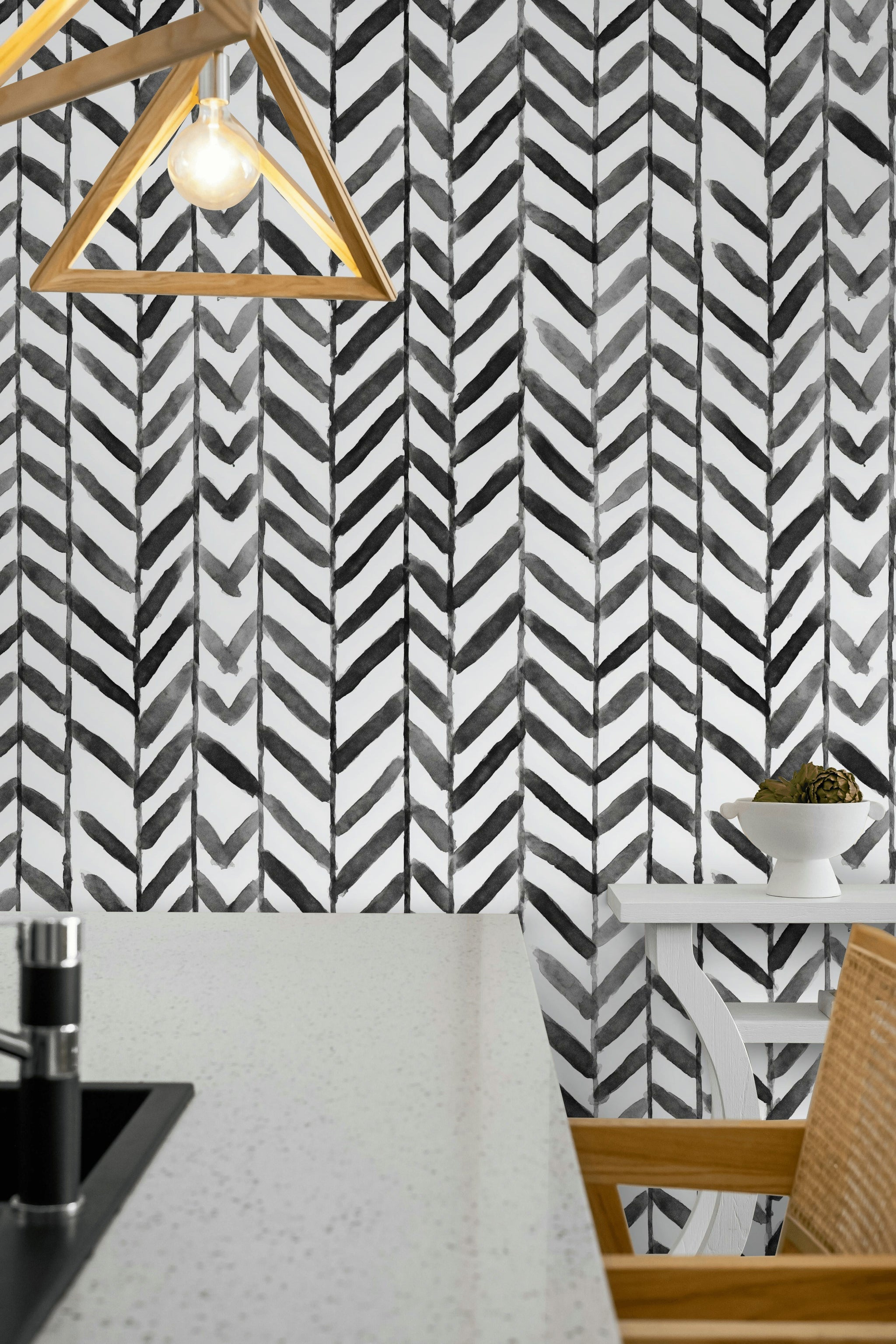 Monochrome Herringbone Geometric Wallpaper