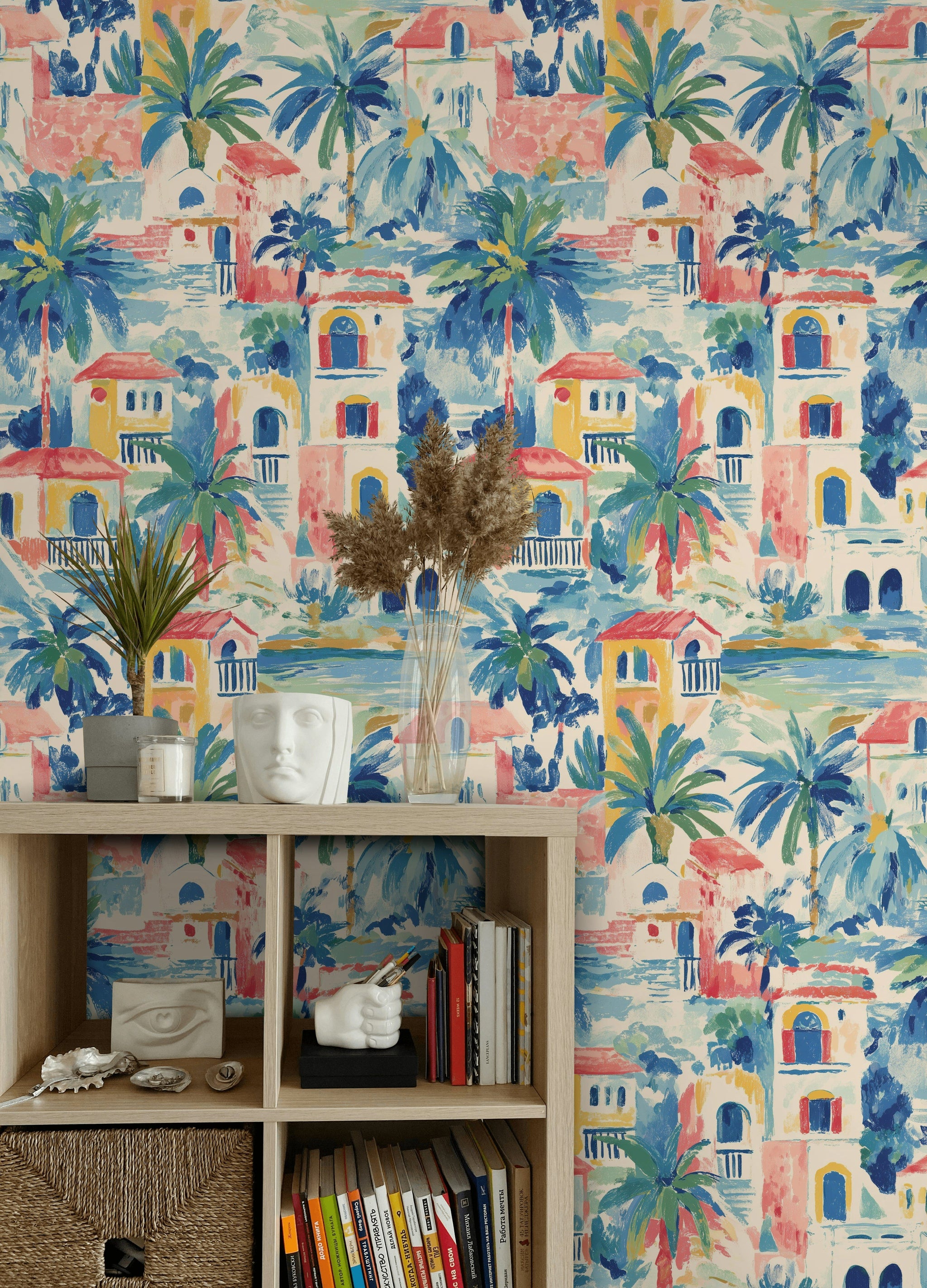 Multicolor Mediterranean Village Tropical Wallpaper