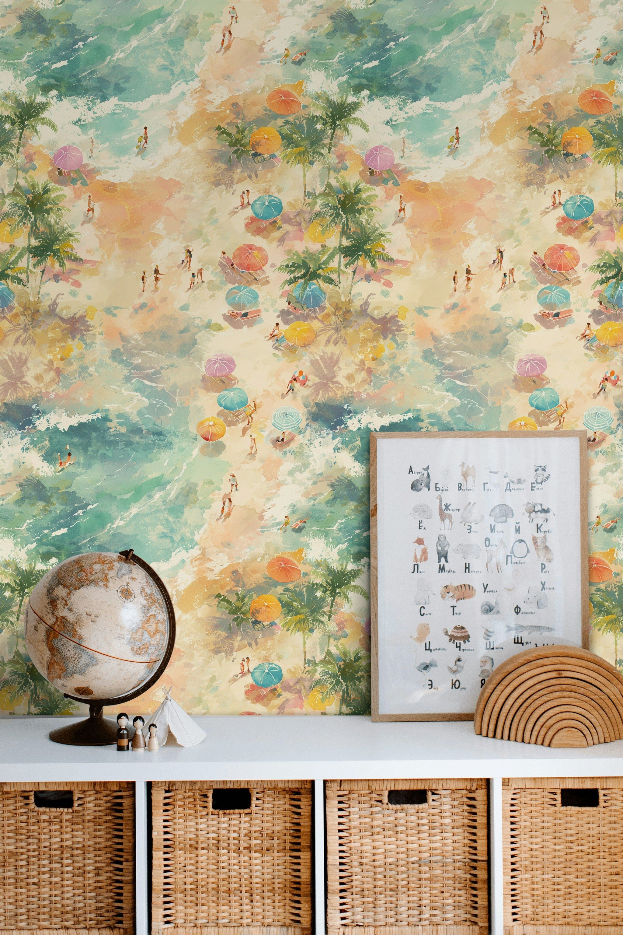 Multicolor Beach Scene Watercolor Wallpaper