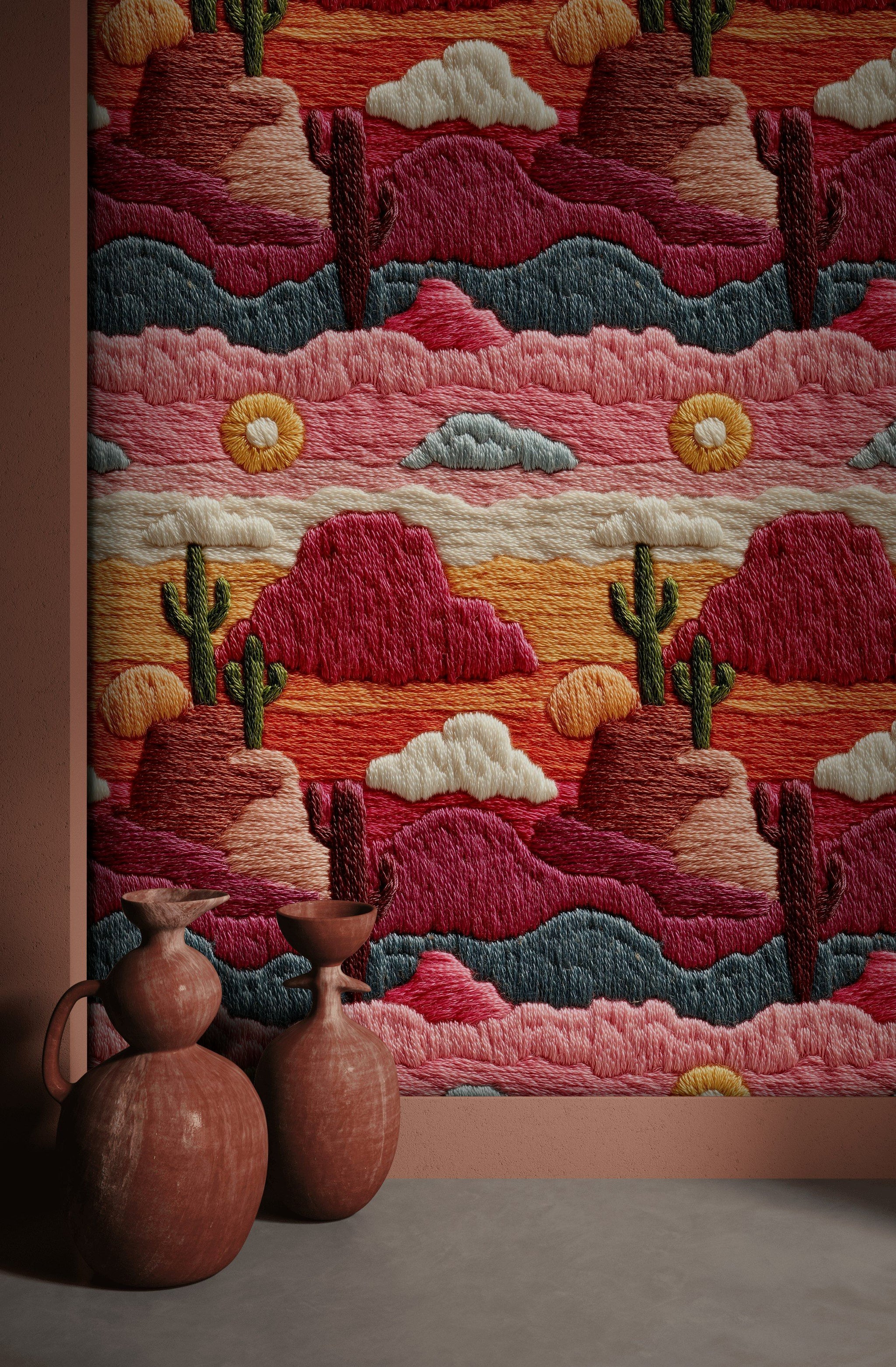 Vibrant Desert Landscape Embroidered Wallpaper