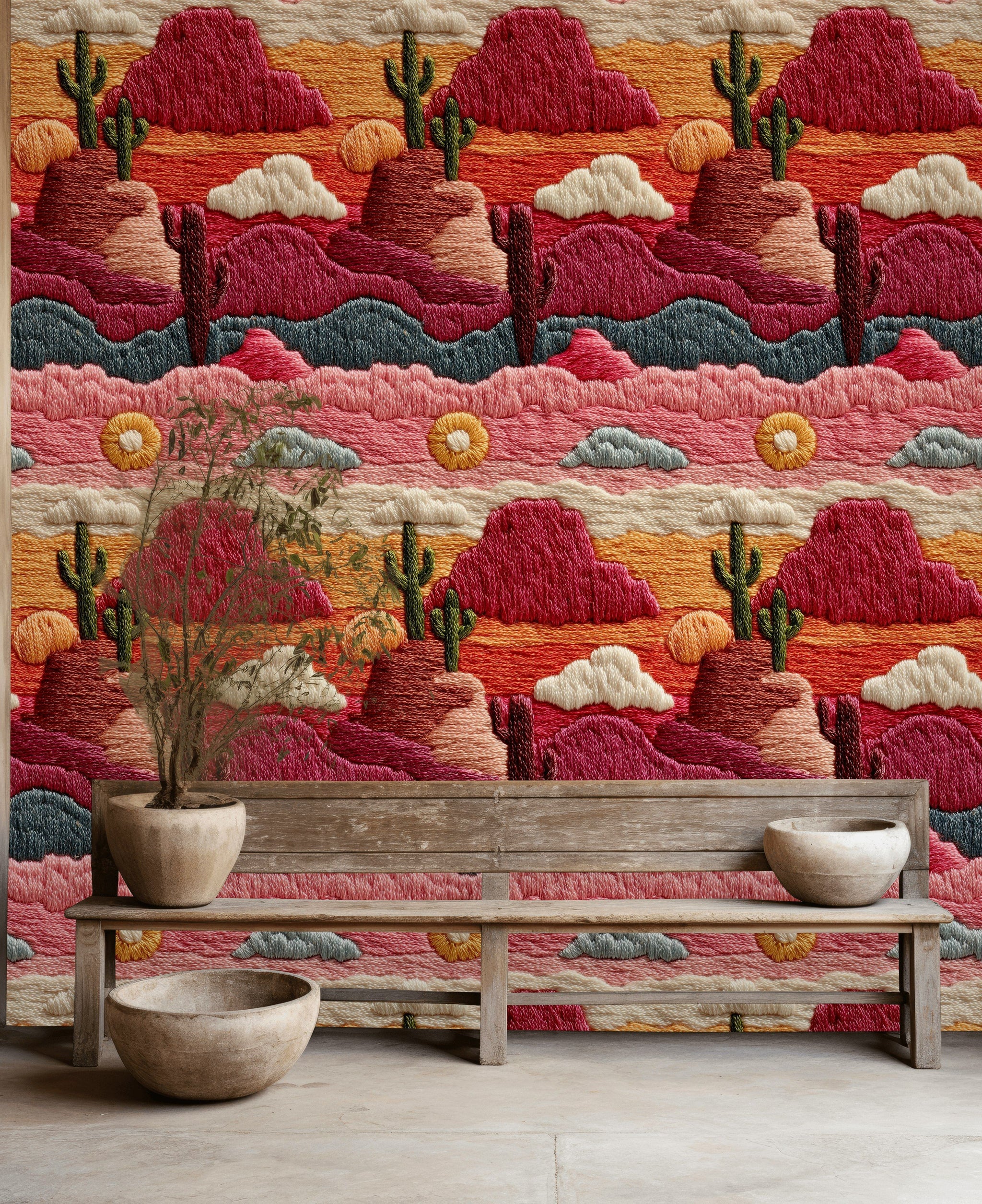 Vibrant Desert Landscape Embroidered Wallpaper