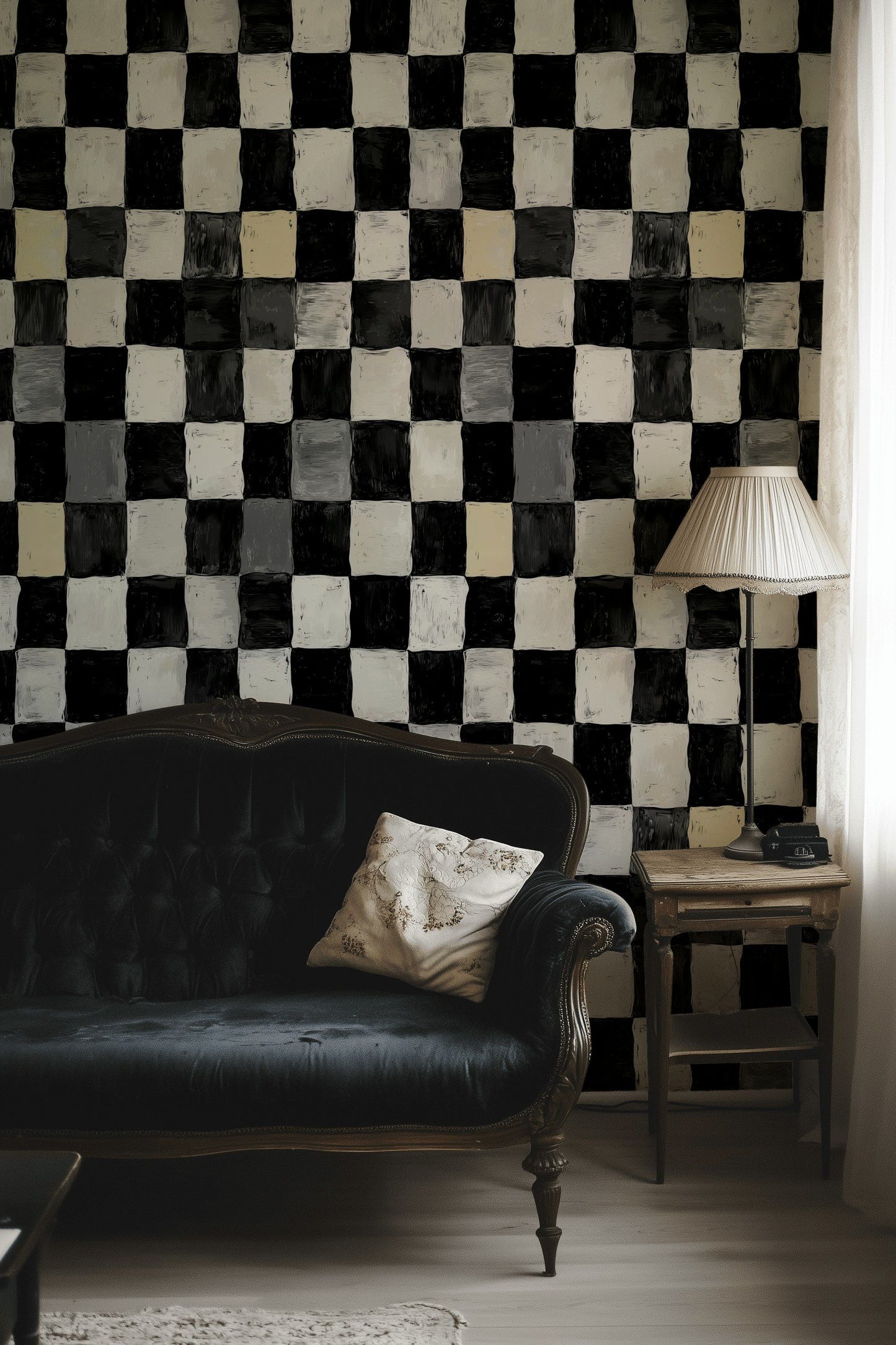Modern Checkerboard Wallpaper Brushed Black & White Wall Art