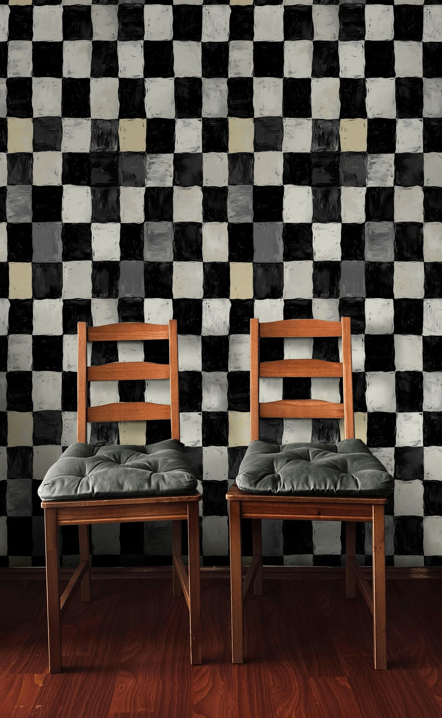 Modern Checkerboard Wallpaper Brushed Black & White Wall Art