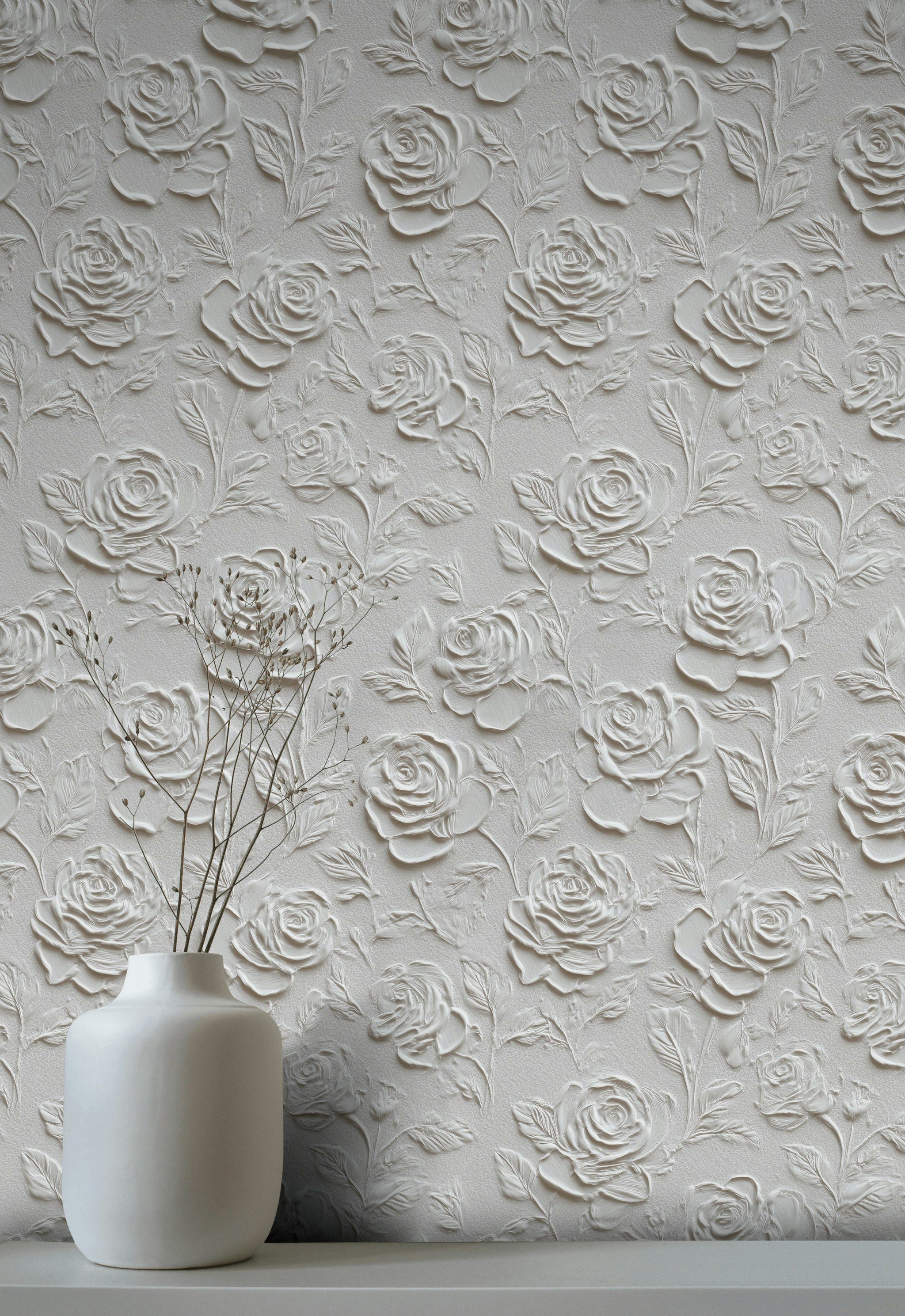 Cream Textured Rose Floral Wallpaper