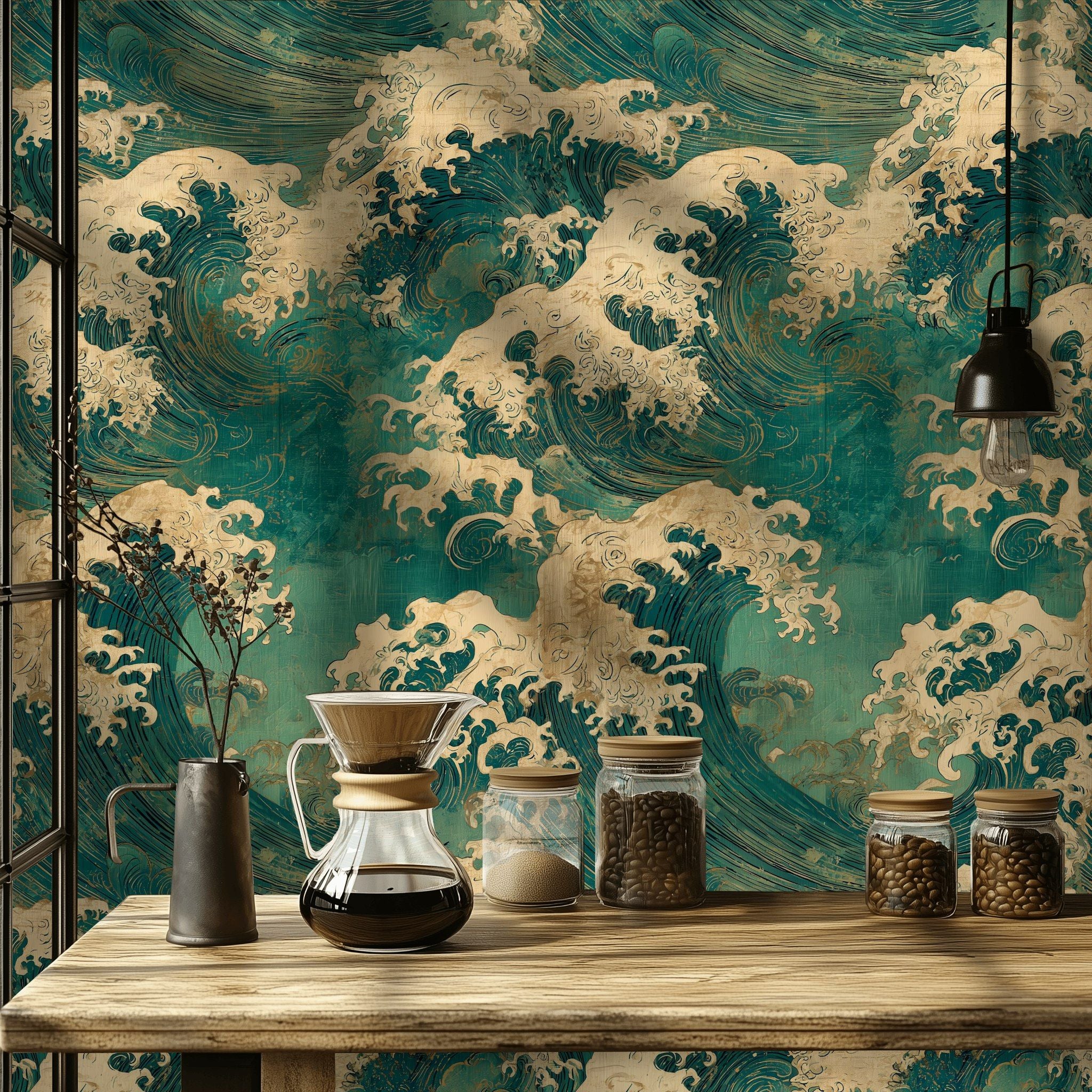 Teal and Beige Japanese Wave Pattern Wallpaper