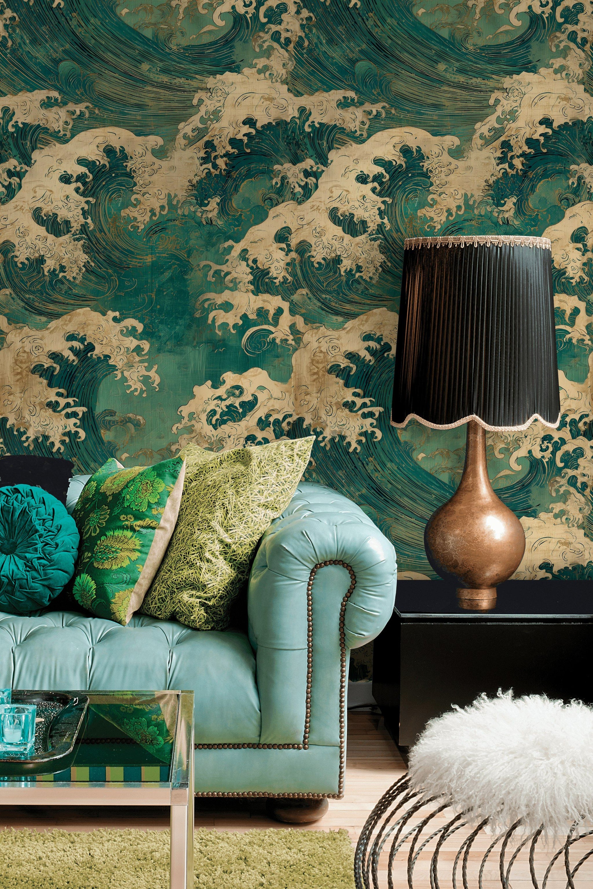 Teal and Beige Japanese Wave Pattern Wallpaper