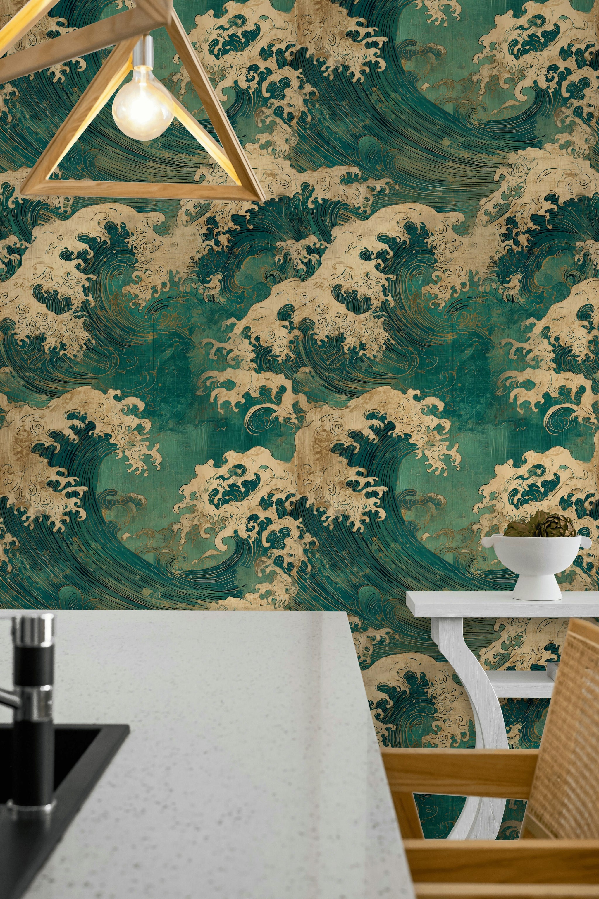 Teal and Beige Japanese Wave Pattern Wallpaper