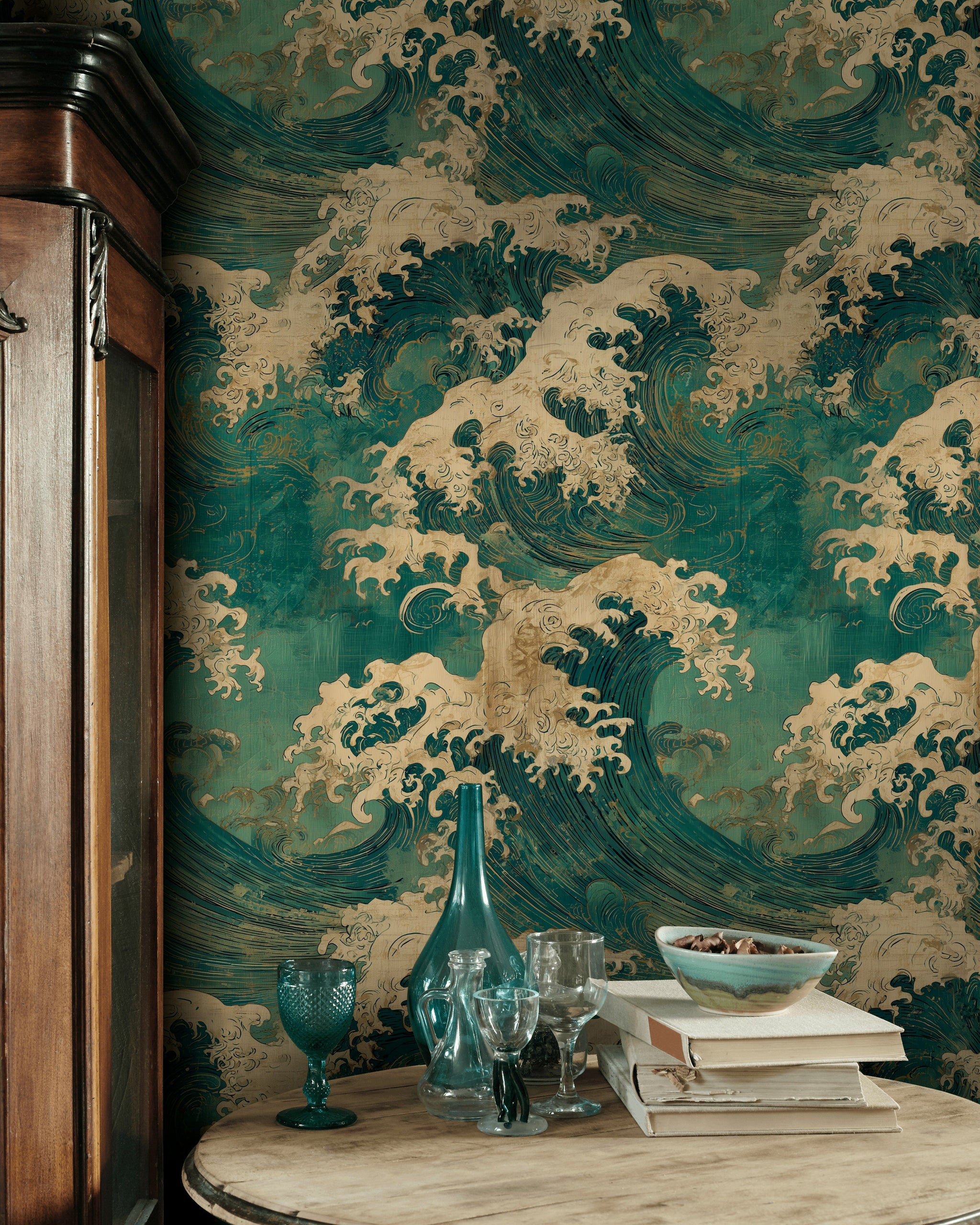 Teal and Beige Japanese Wave Pattern Wallpaper
