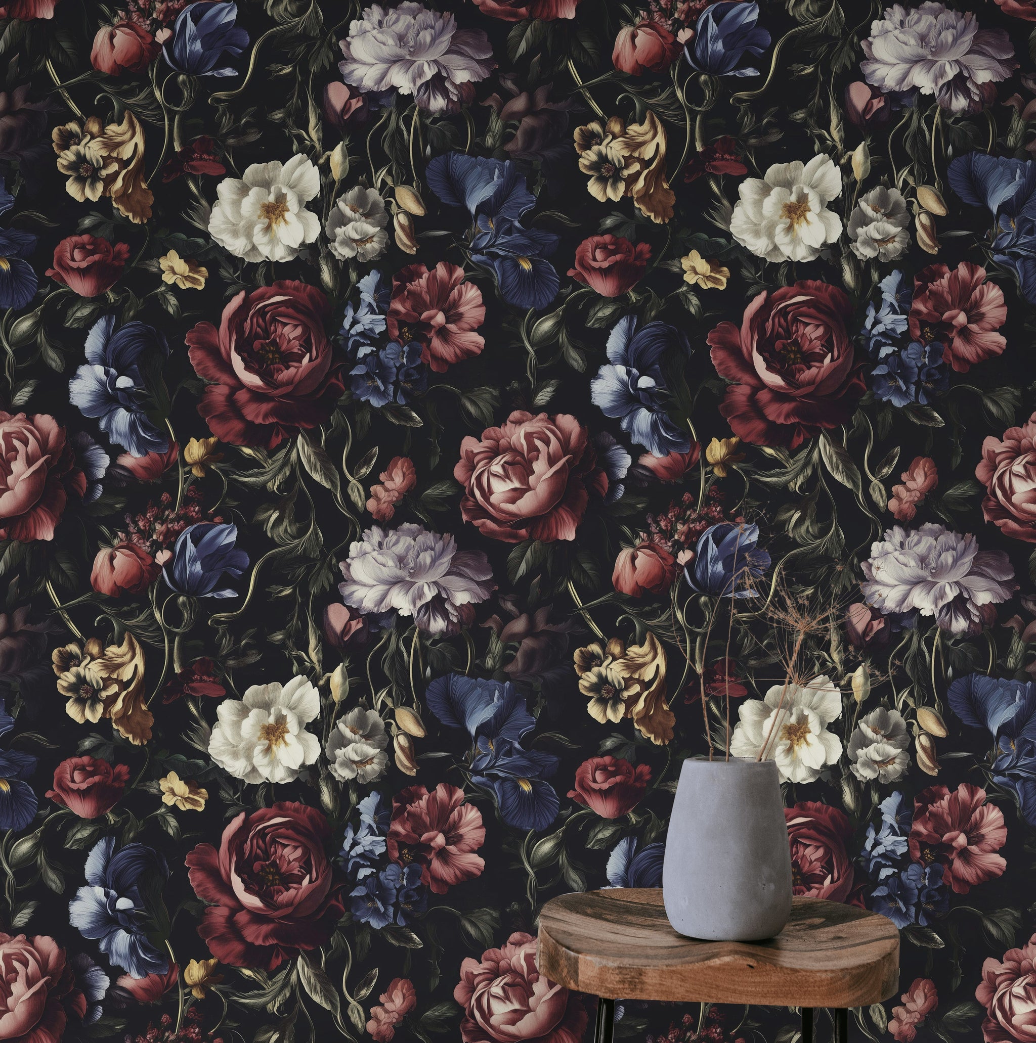 Dark Floral Elegance Large Bloom Wallpaper