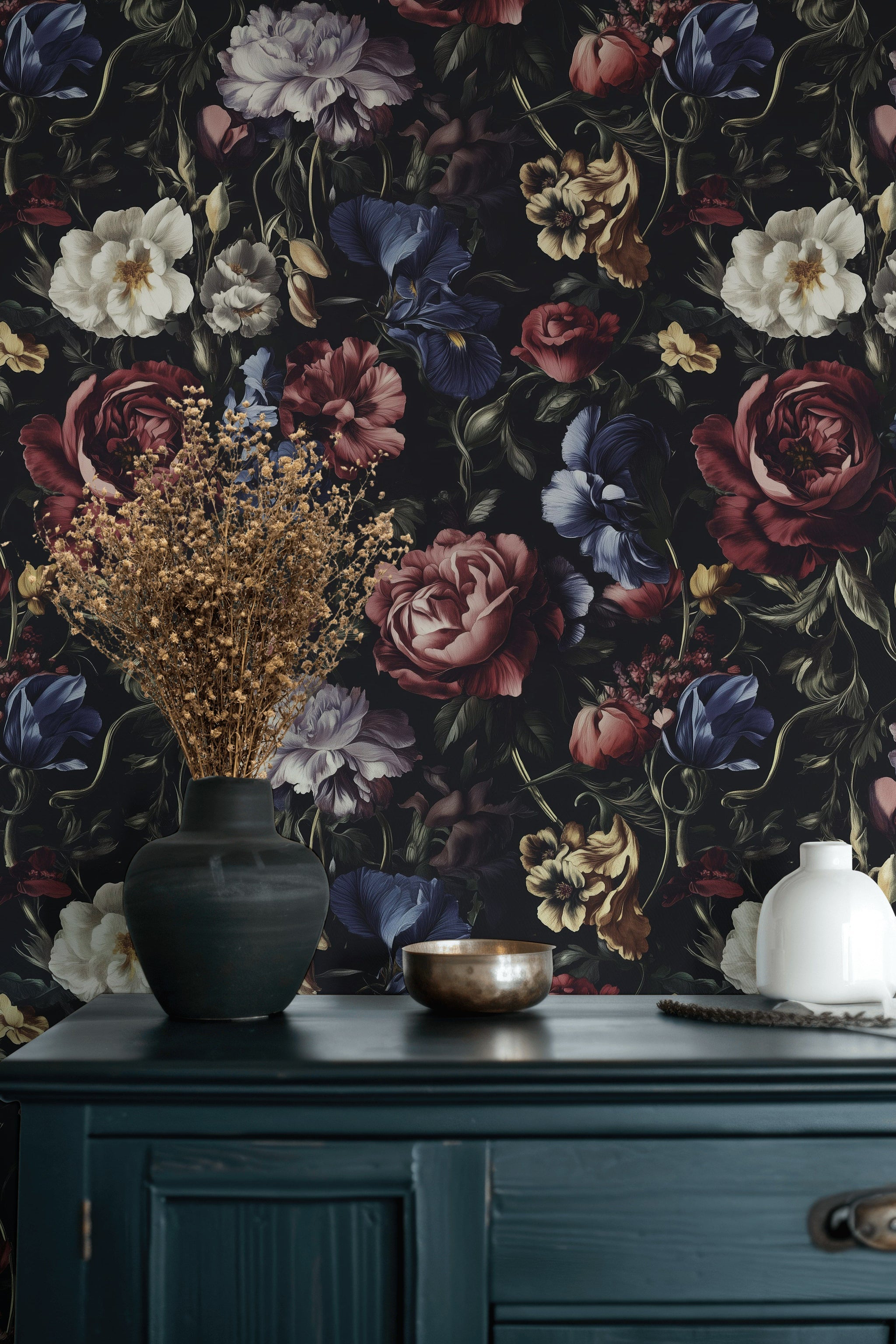 Dark Floral Elegance Large Bloom Wallpaper