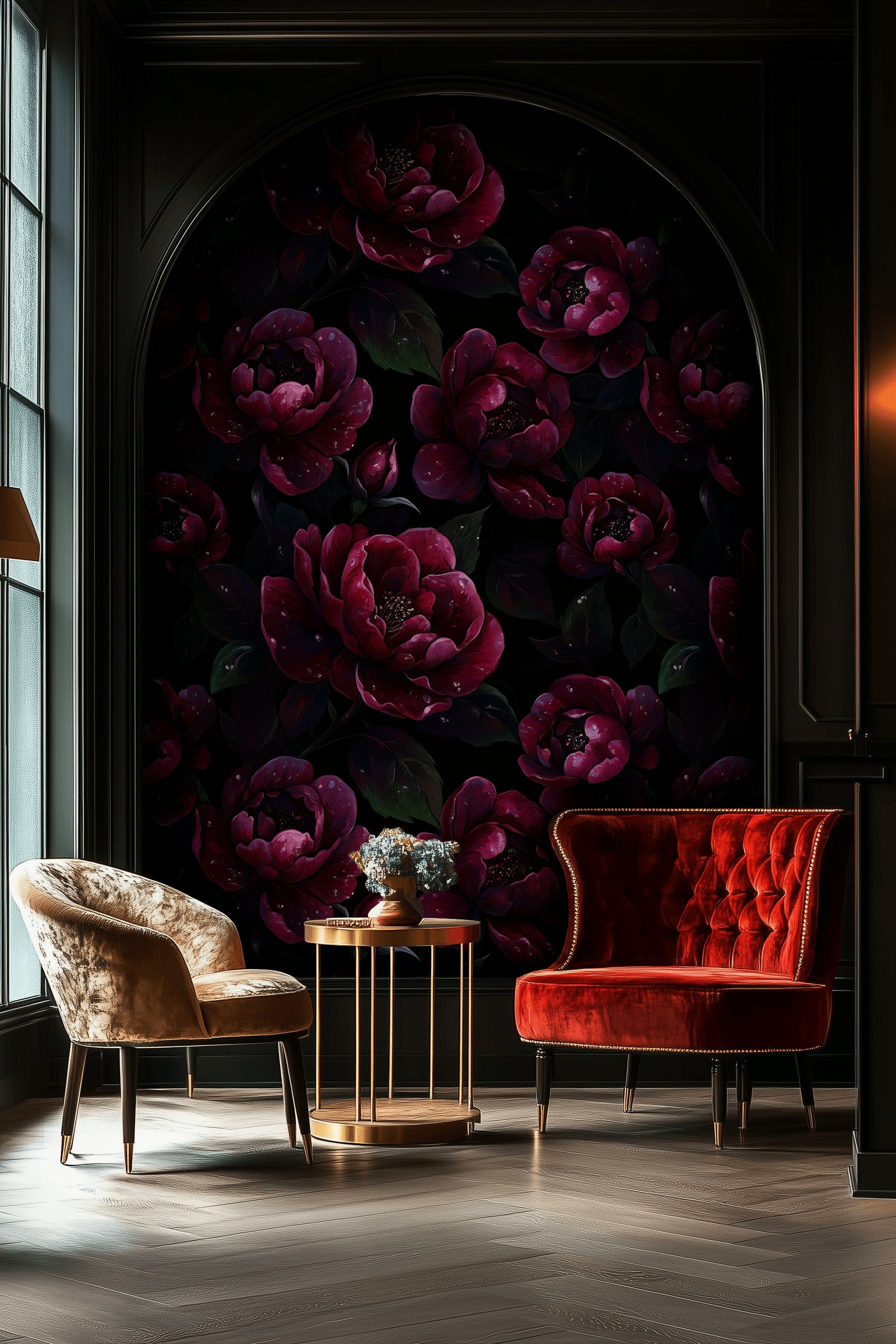 Deep Burgundy Rose Floral Wallpaper