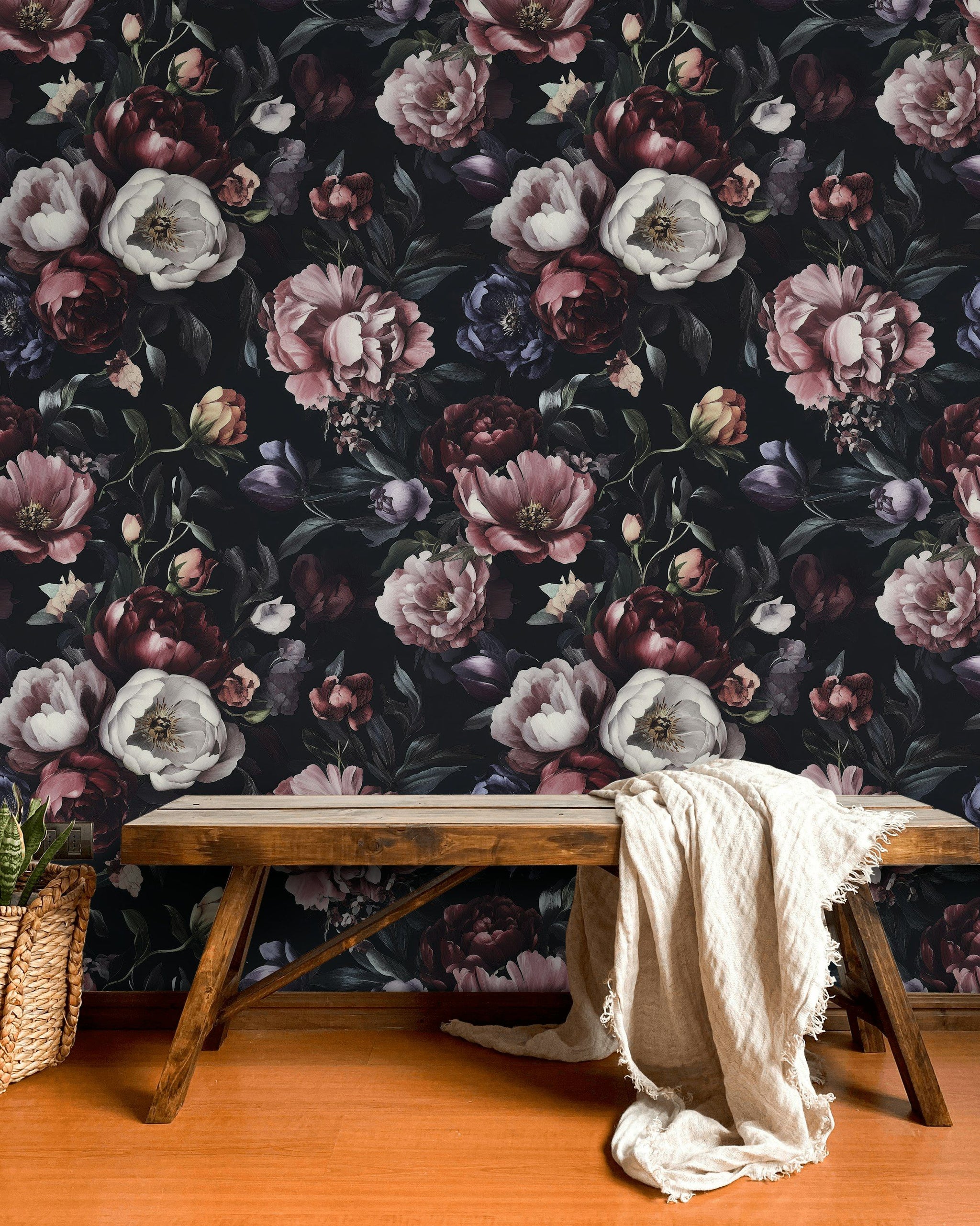 Moody Black and Burgundy Peonies Floral Wallpaper