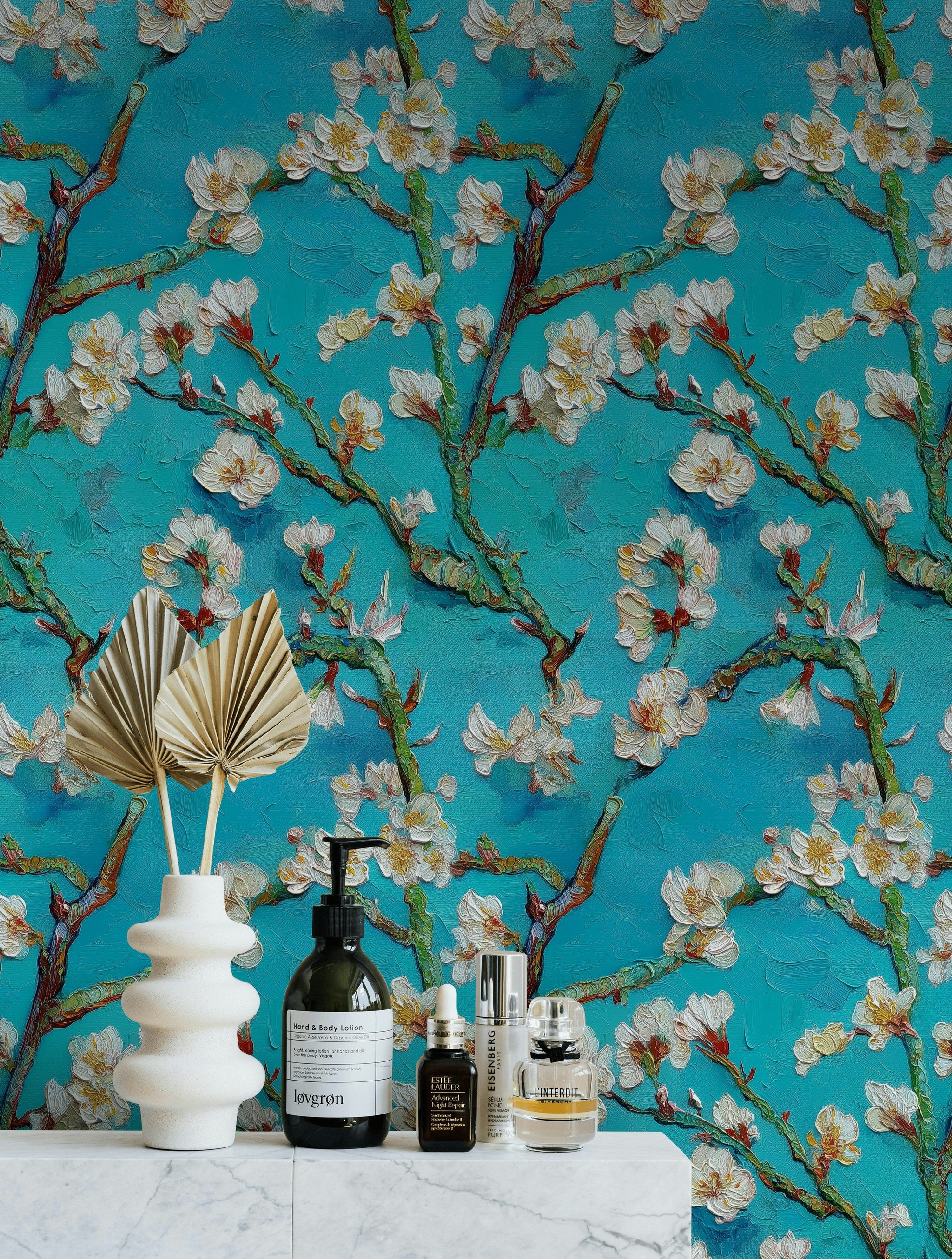 Turquoise Brushstroke Cherry Blossom Wallpaper