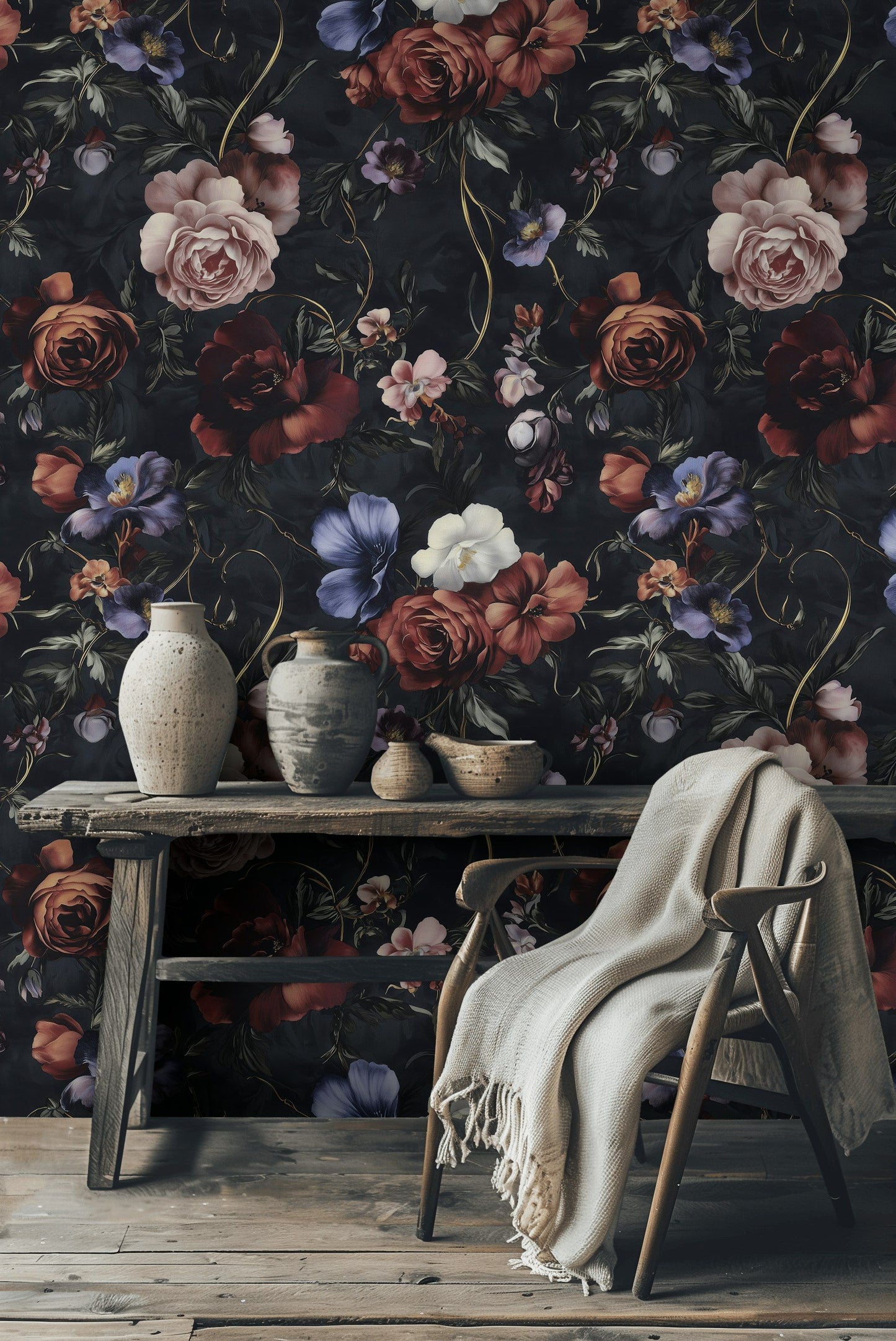 Moody Floral Wallpaper Removable Plum Wall Mural