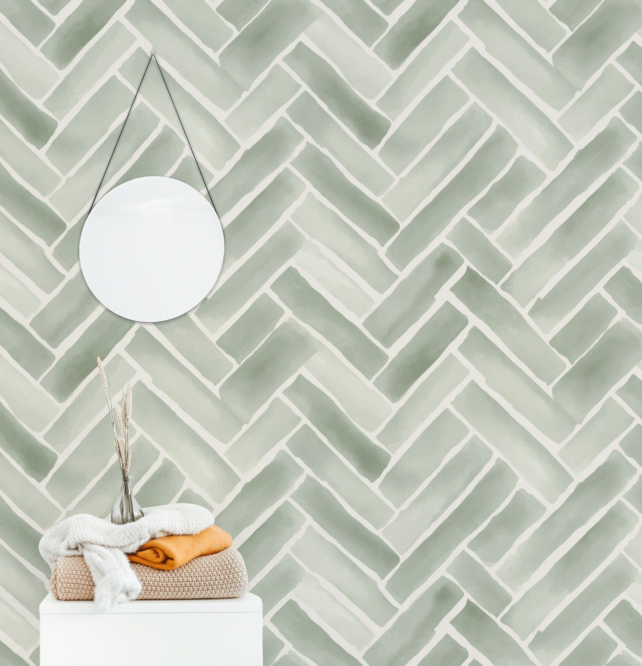 Sage Green Herringbone Geometric Wallpaper
