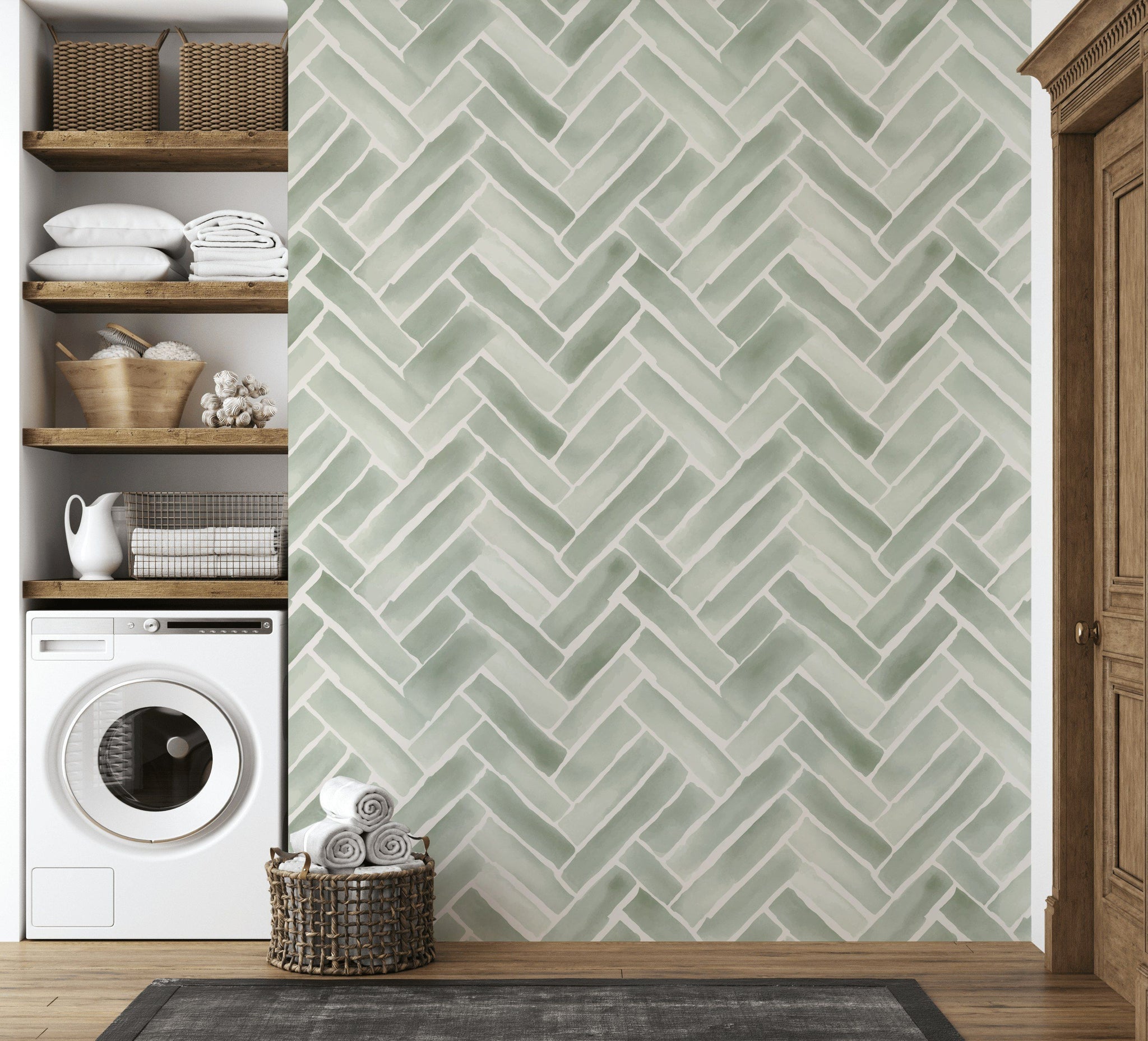 Sage Green Herringbone Geometric Wallpaper