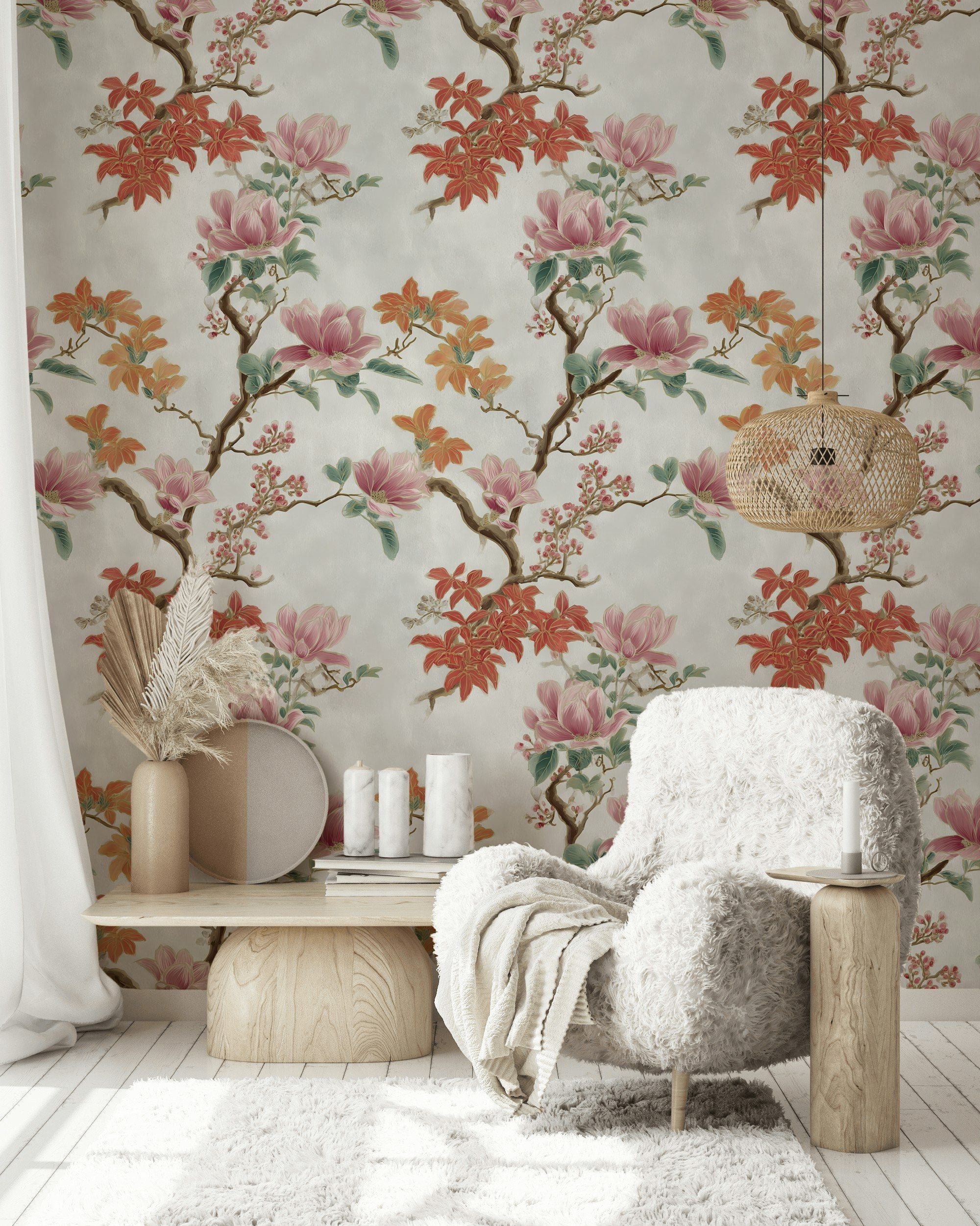 Cream and Pink Magnolia Branch Wallpaper
