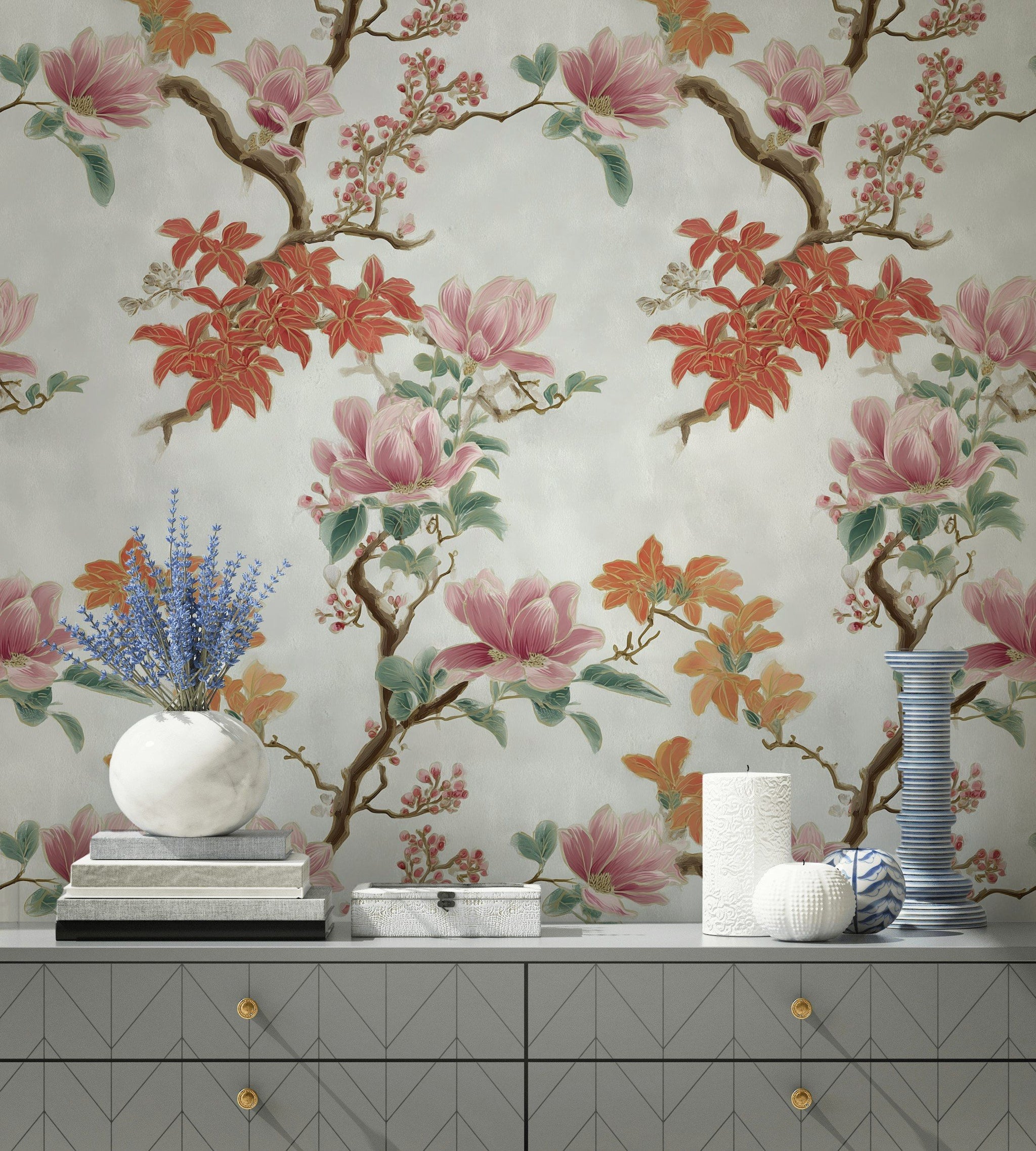 Cream and Pink Magnolia Branch Wallpaper