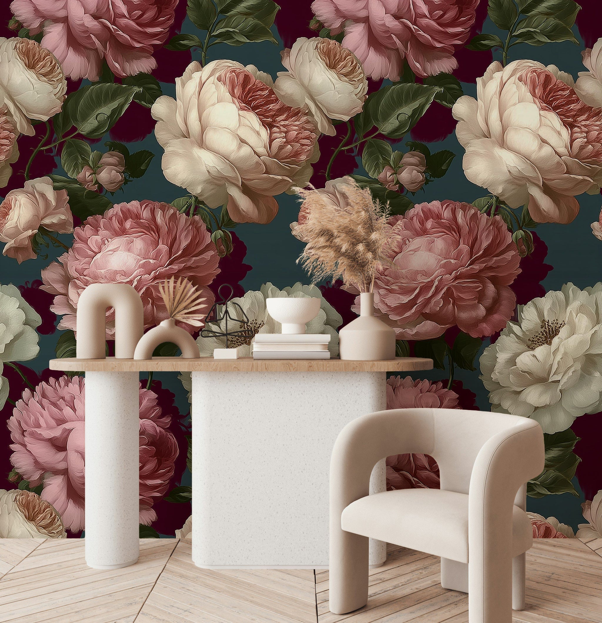 Deep Burgundy Peony Floral Wallpaper