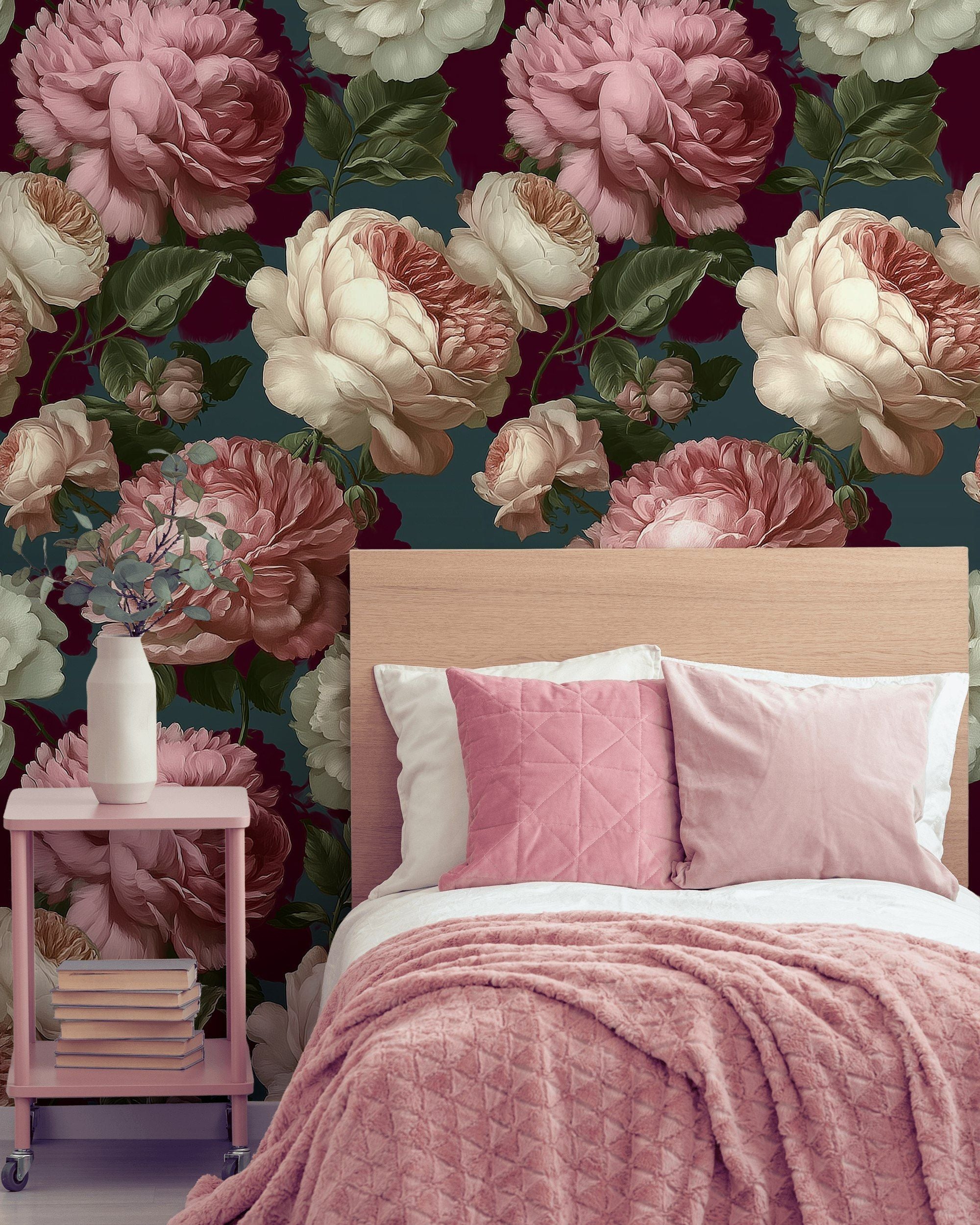 Deep Burgundy Peony Floral Wallpaper