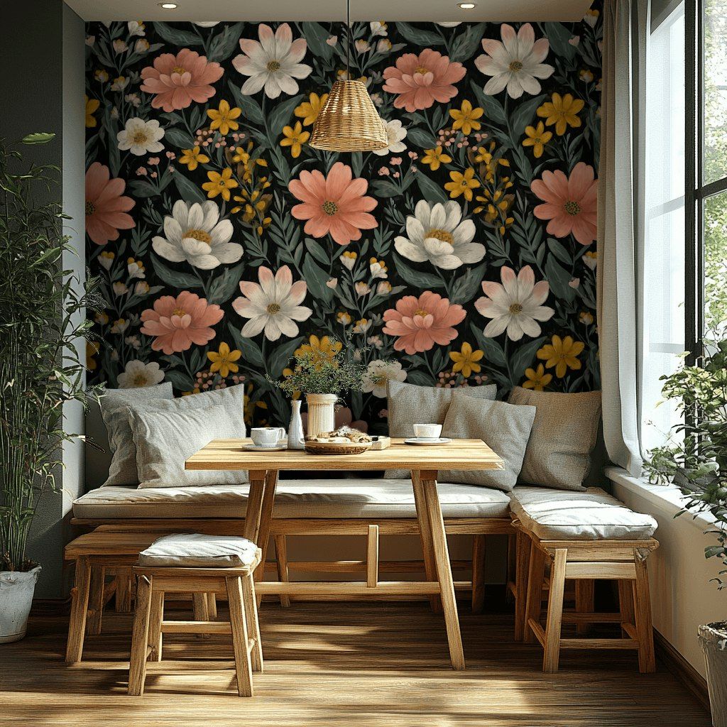 Vintage Floral on Black Bold Pattern Wallpaper