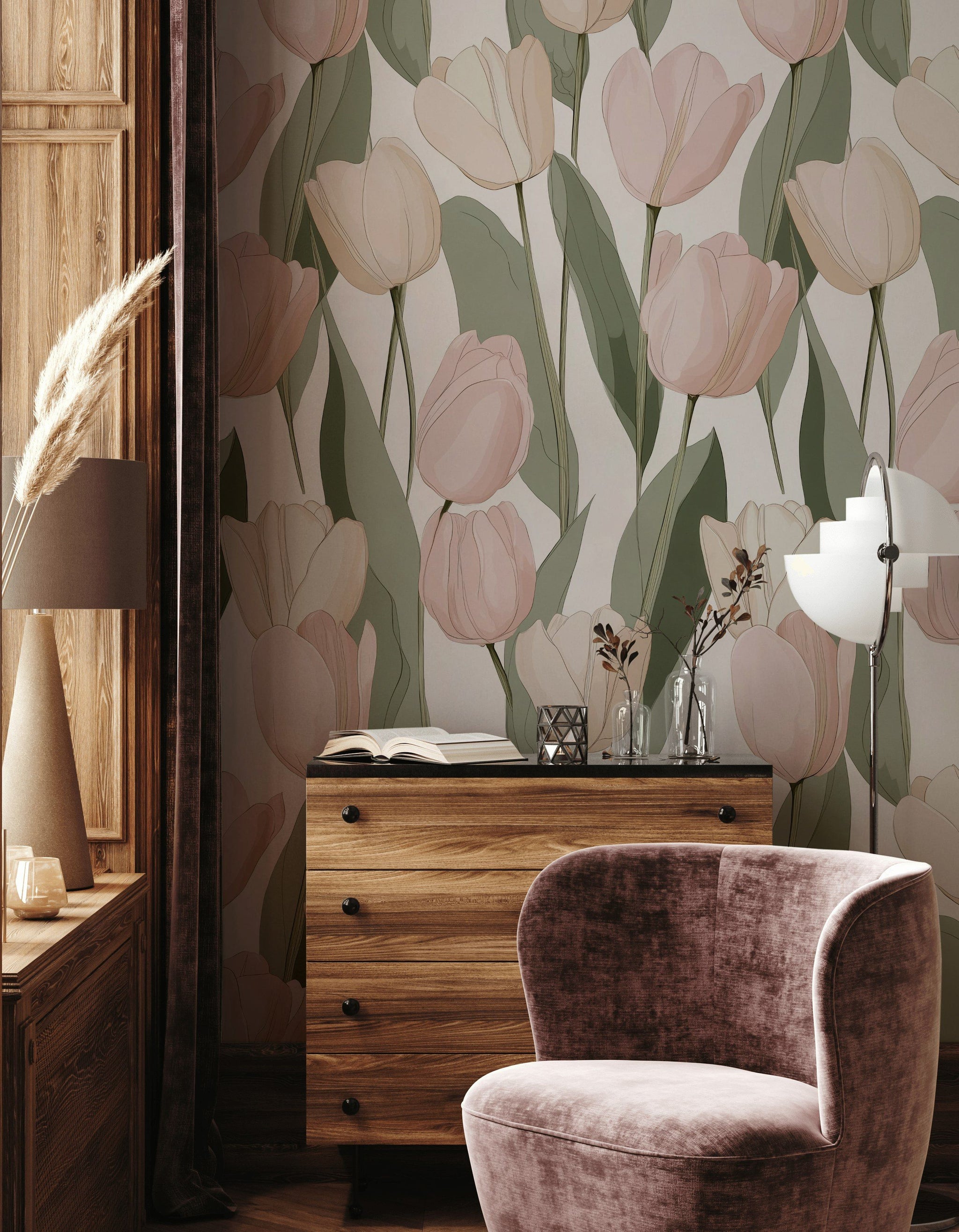 Soft Pink and White Tulip Floral Wallpaper
