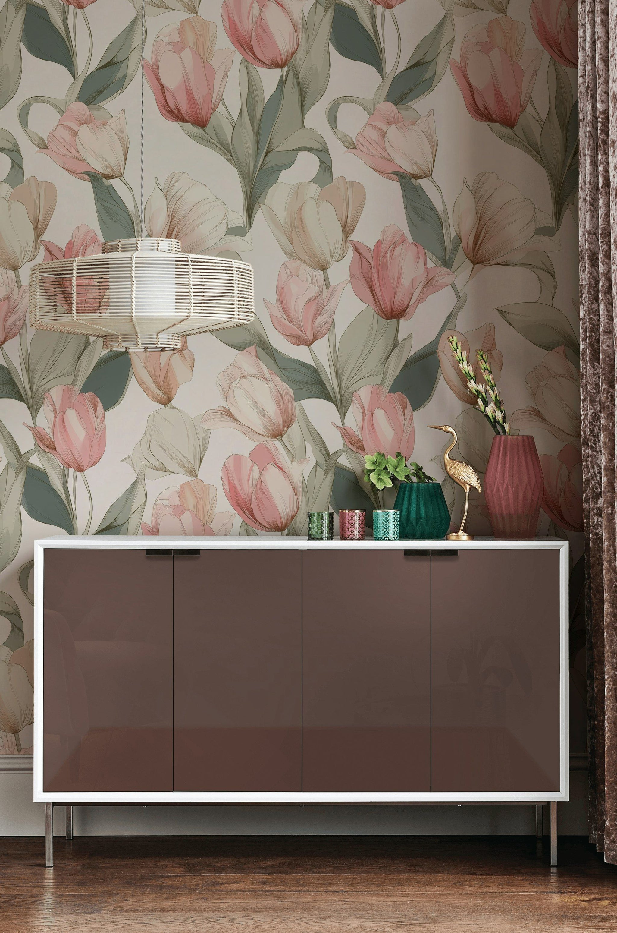 Cream and Pink Tulip Floral Wallpaper