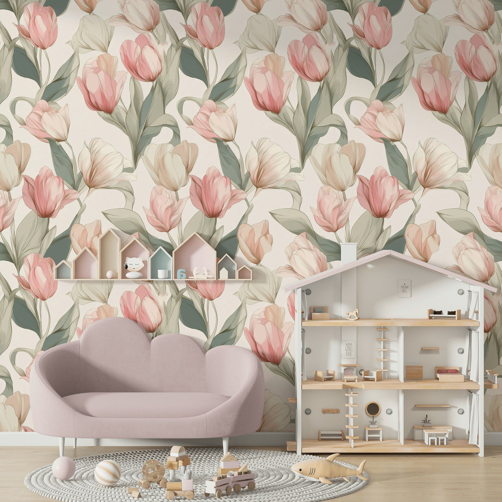 Cream and Pink Tulip Floral Wallpaper