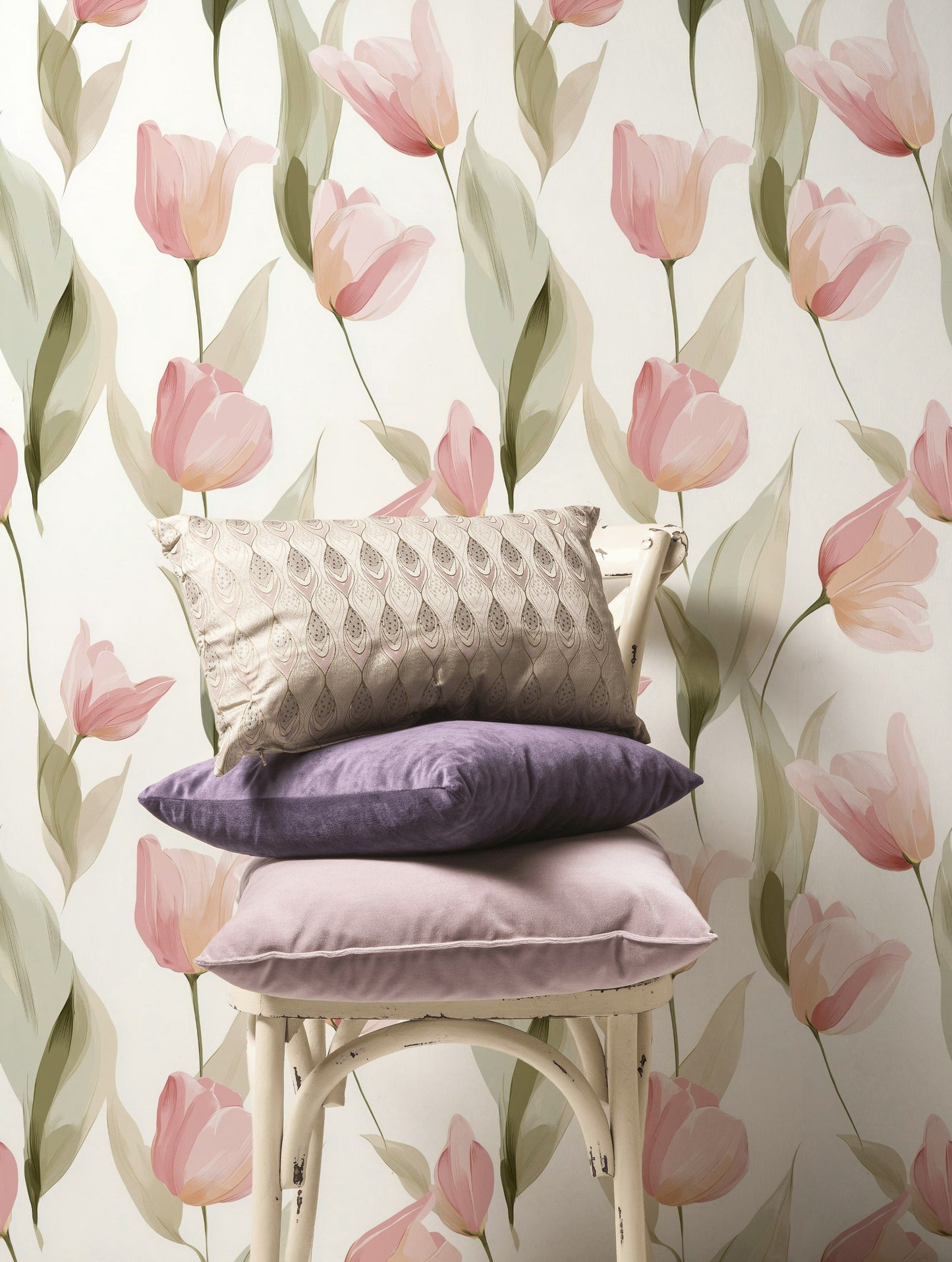 Pink Tulip Wallpaper Modern Soft Botanical Removable Wall Decor