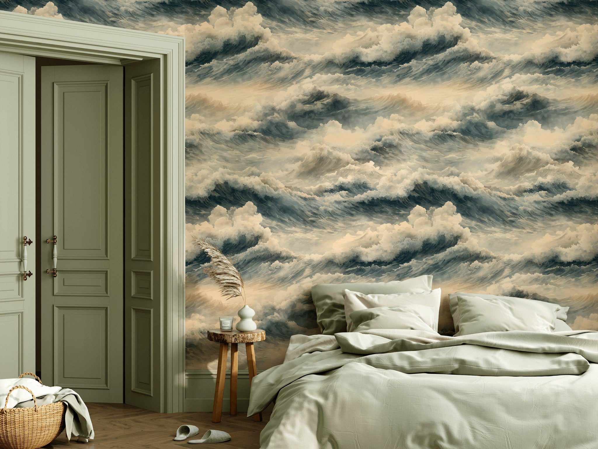 Blue and Cream Ocean Wave Pattern Wallpaper