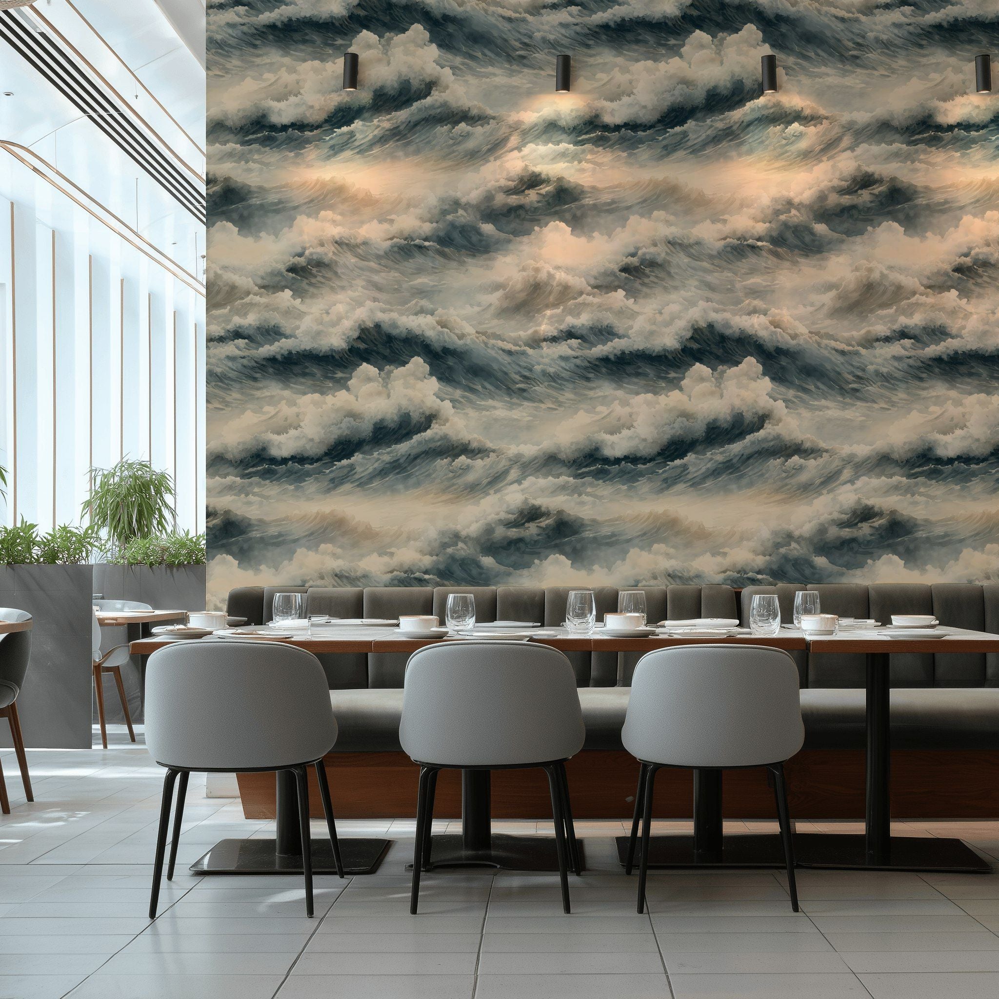 Blue and Cream Ocean Wave Pattern Wallpaper