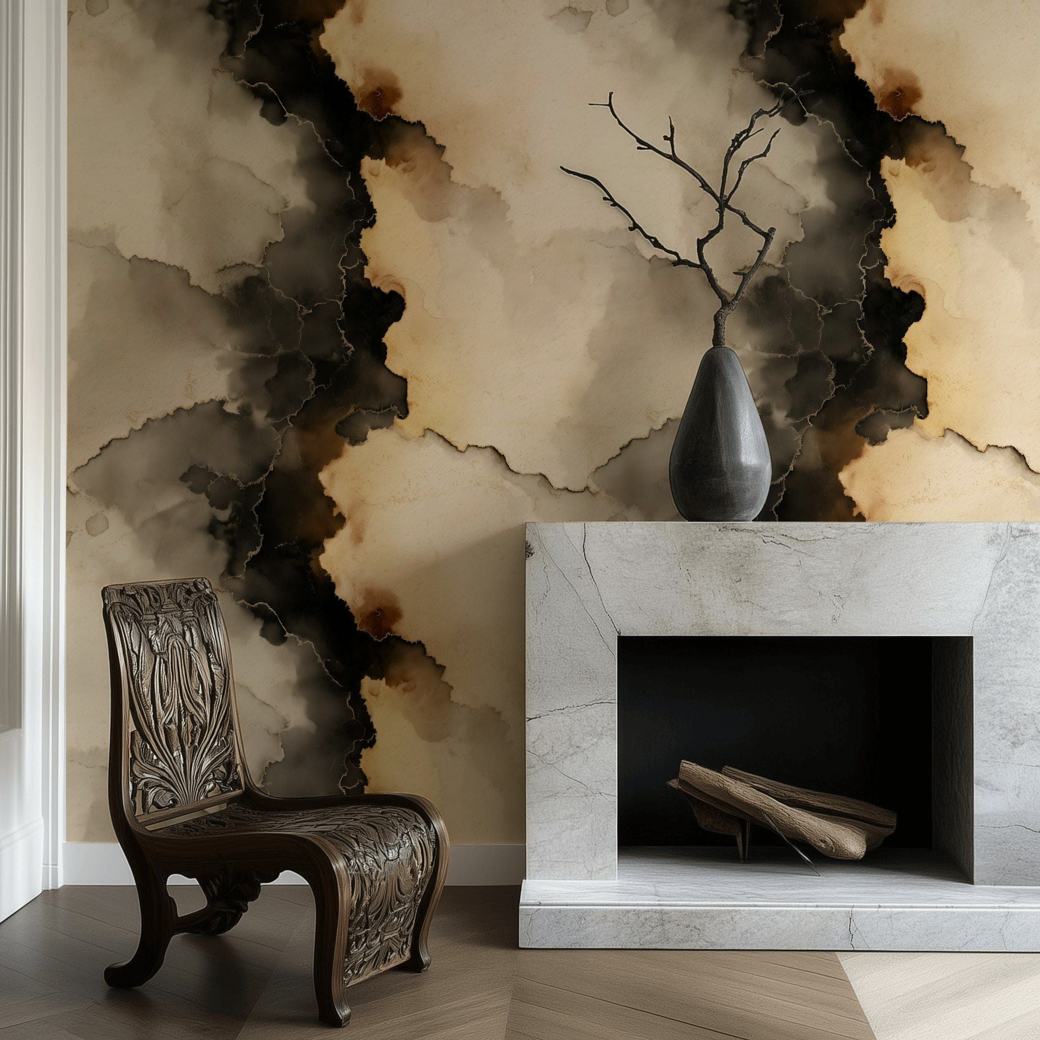 Taupe and Onyx Abstract Ink Wash Wallpaper